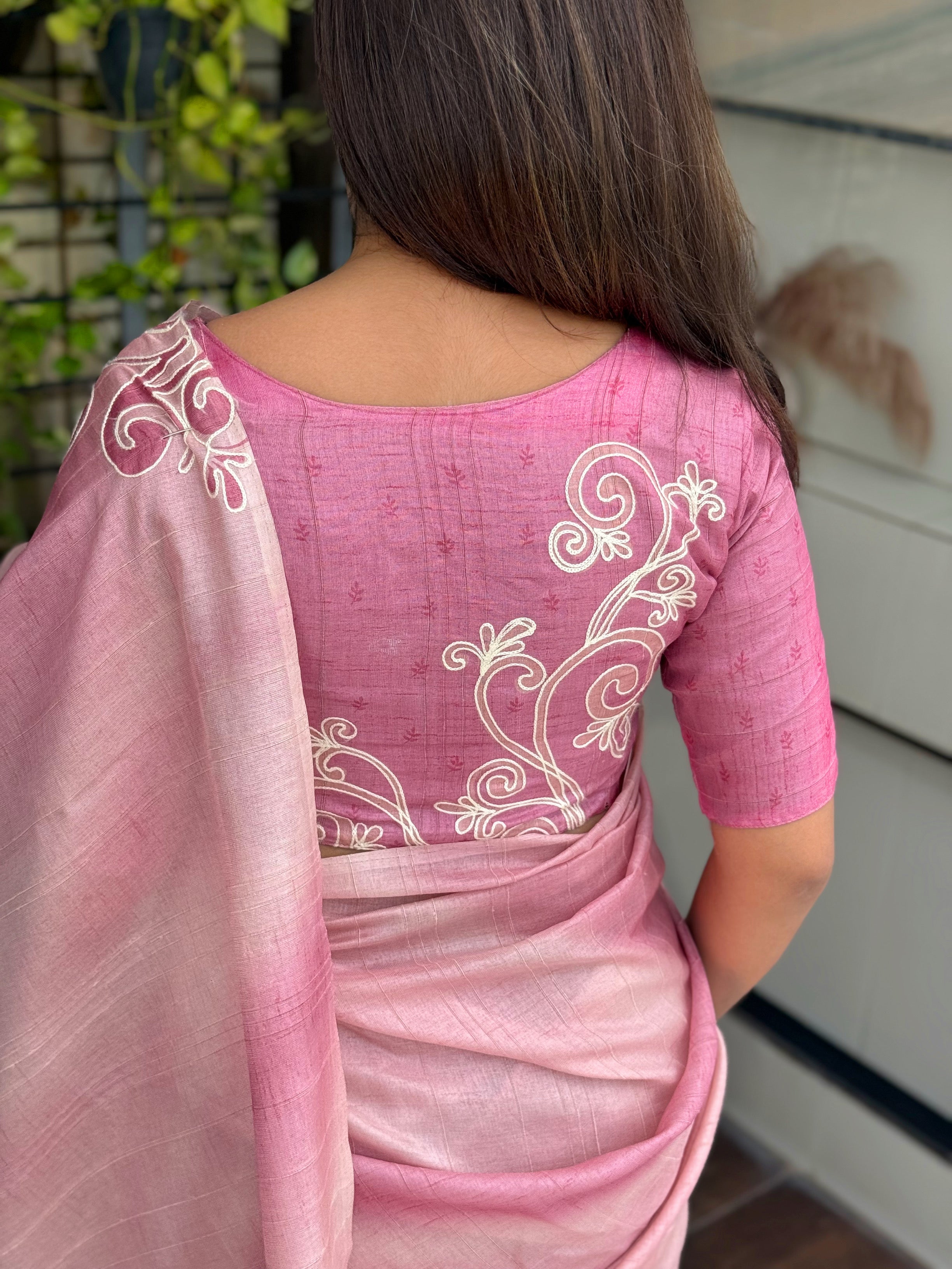 Pink linen cotton katha work Saree With Unstitched Blouse For Women