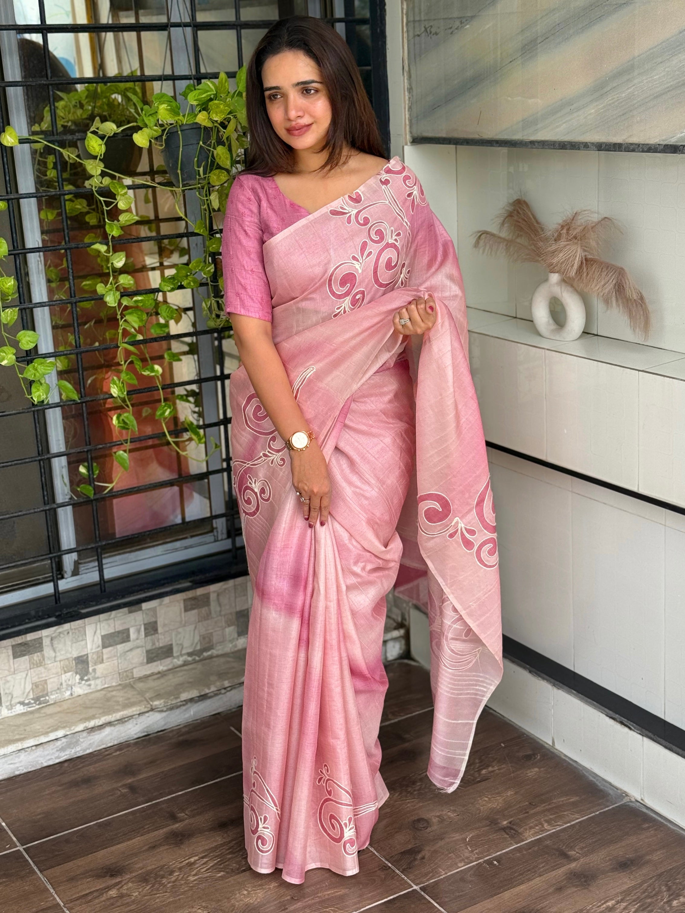 Pink linen cotton katha work Saree With Unstitched Blouse For Women