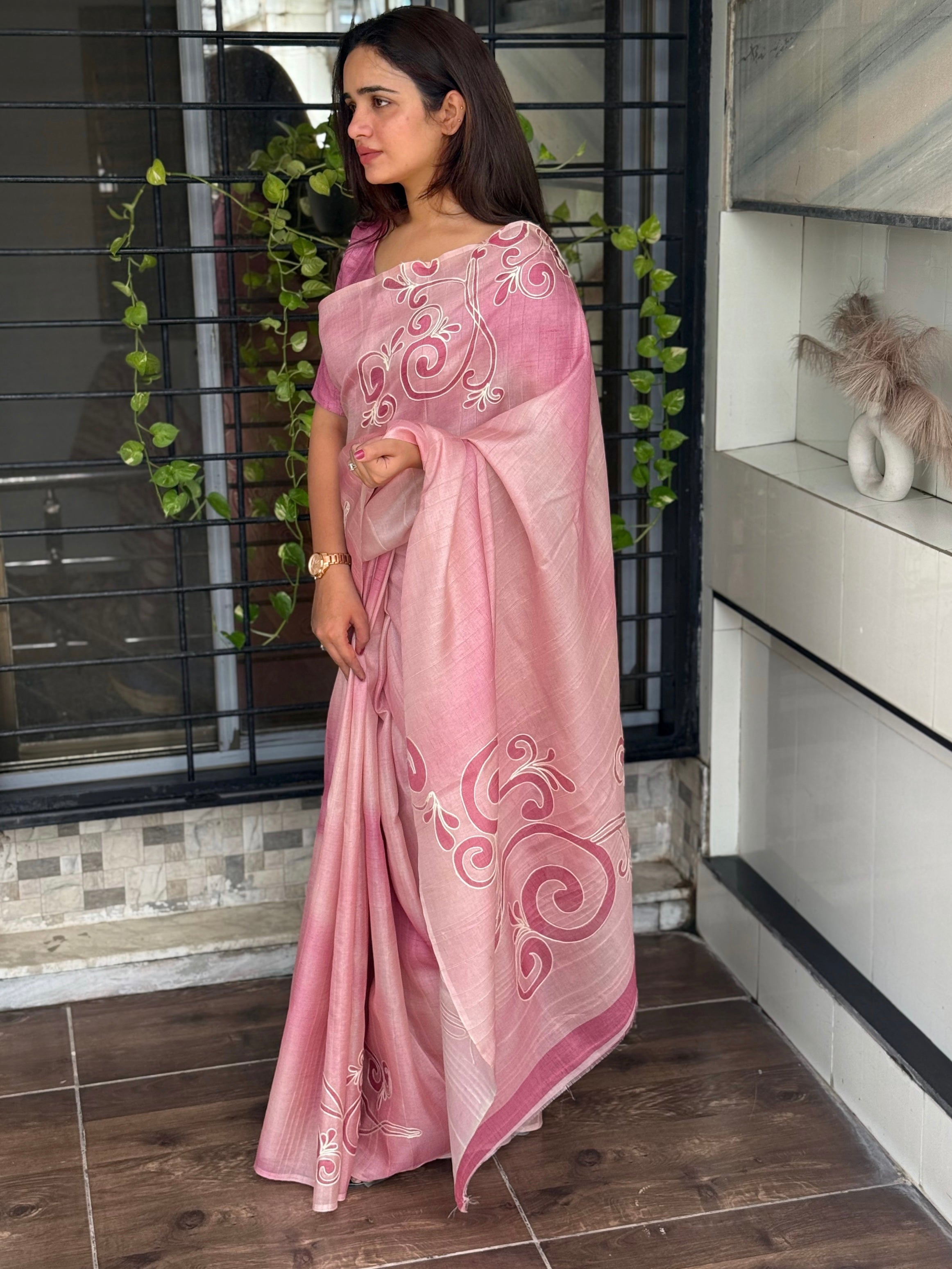 Pink linen cotton katha work Saree With Unstitched Blouse For Women