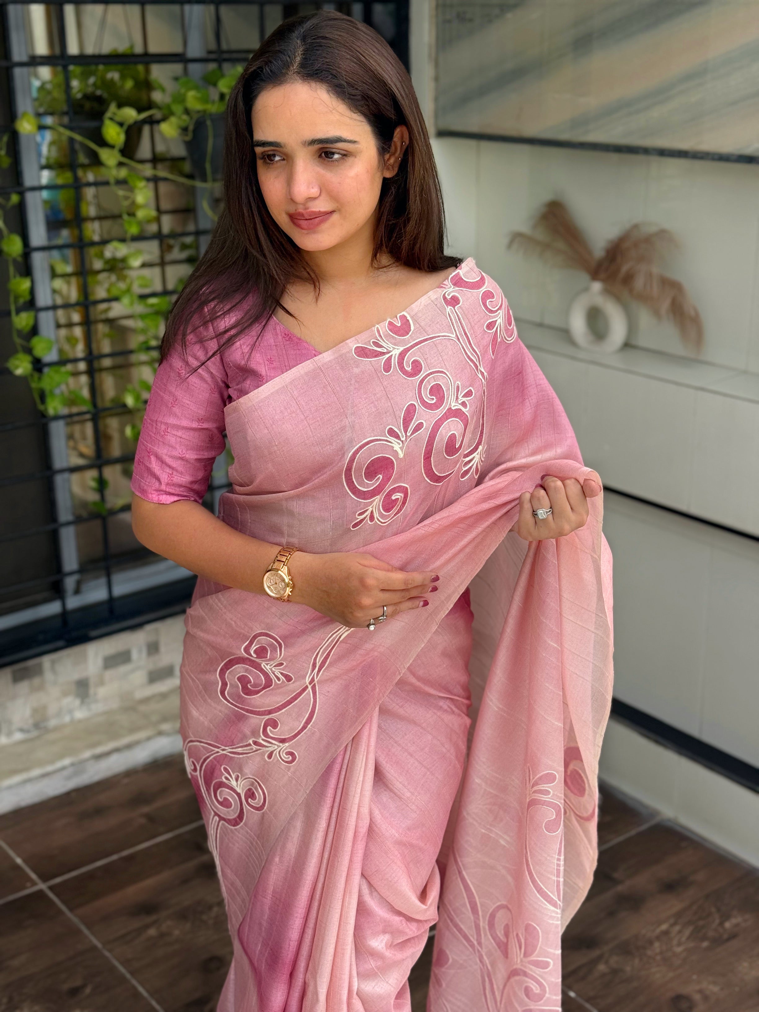 Pink linen cotton katha work Saree With Unstitched Blouse For Women