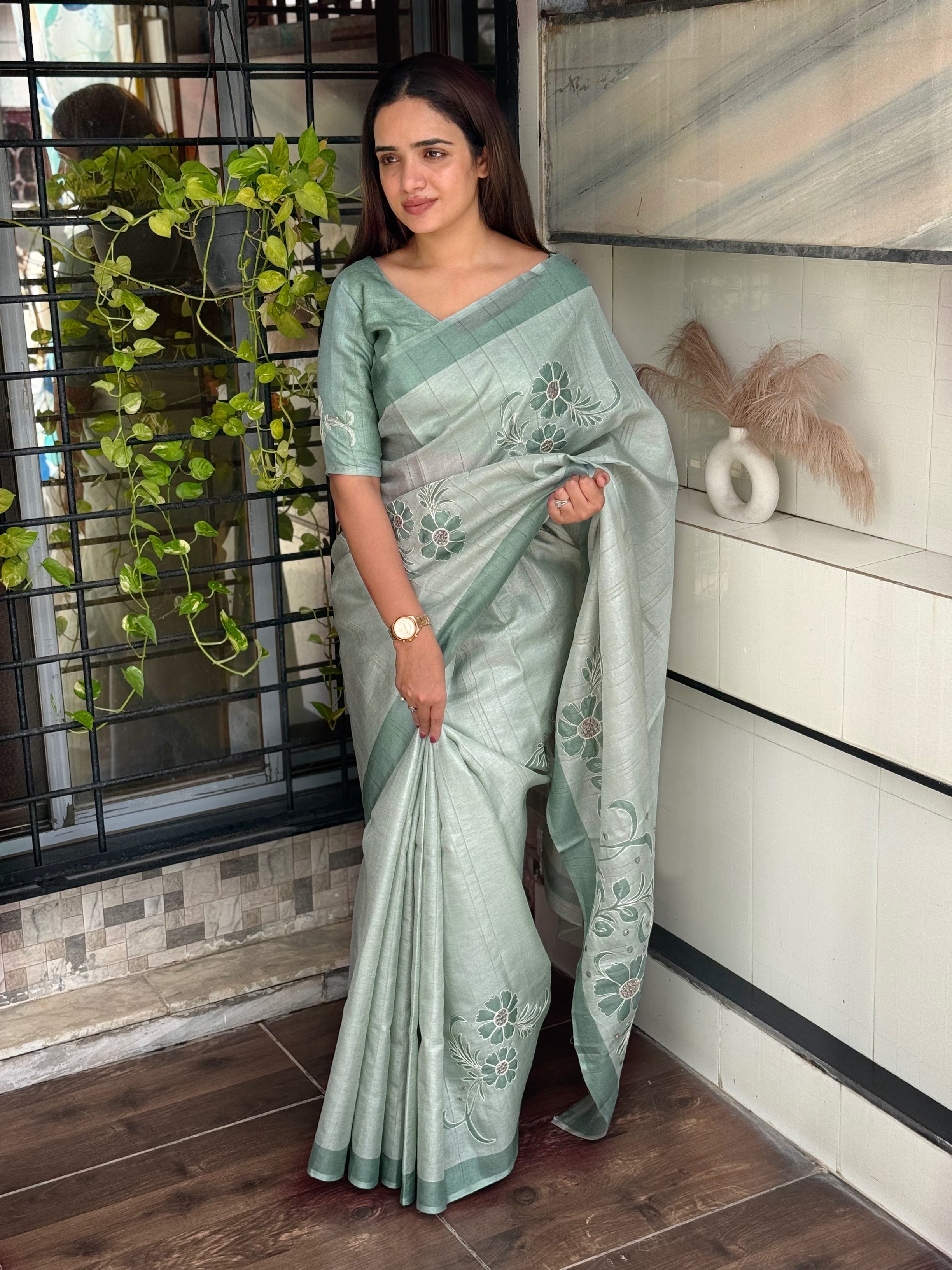 Light Pastel Green linen cotton katha work Saree With Unstitched Blouse For Women