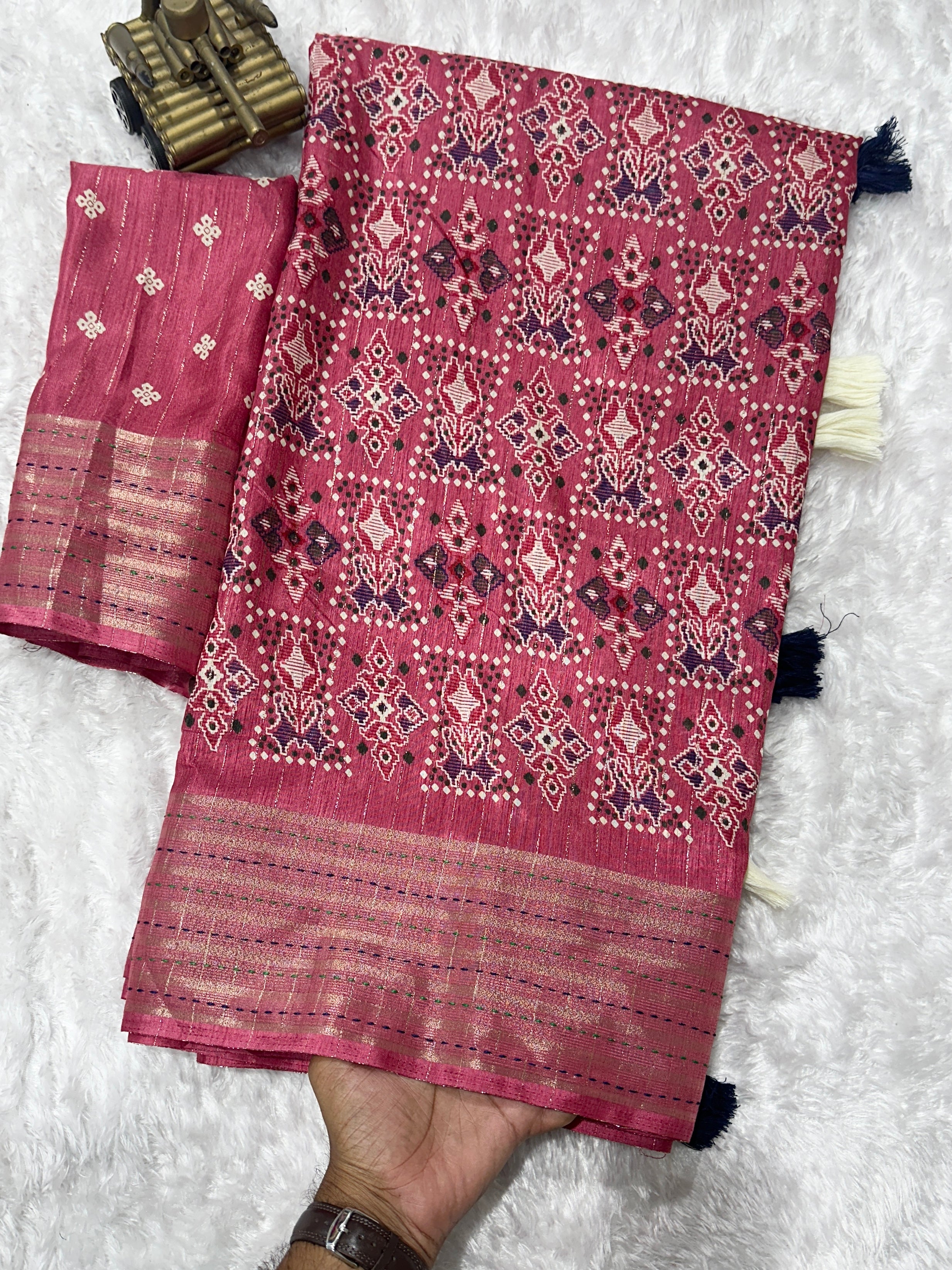 Pink Maslin cotton katha work Saree With Unstitched Blouse For Women