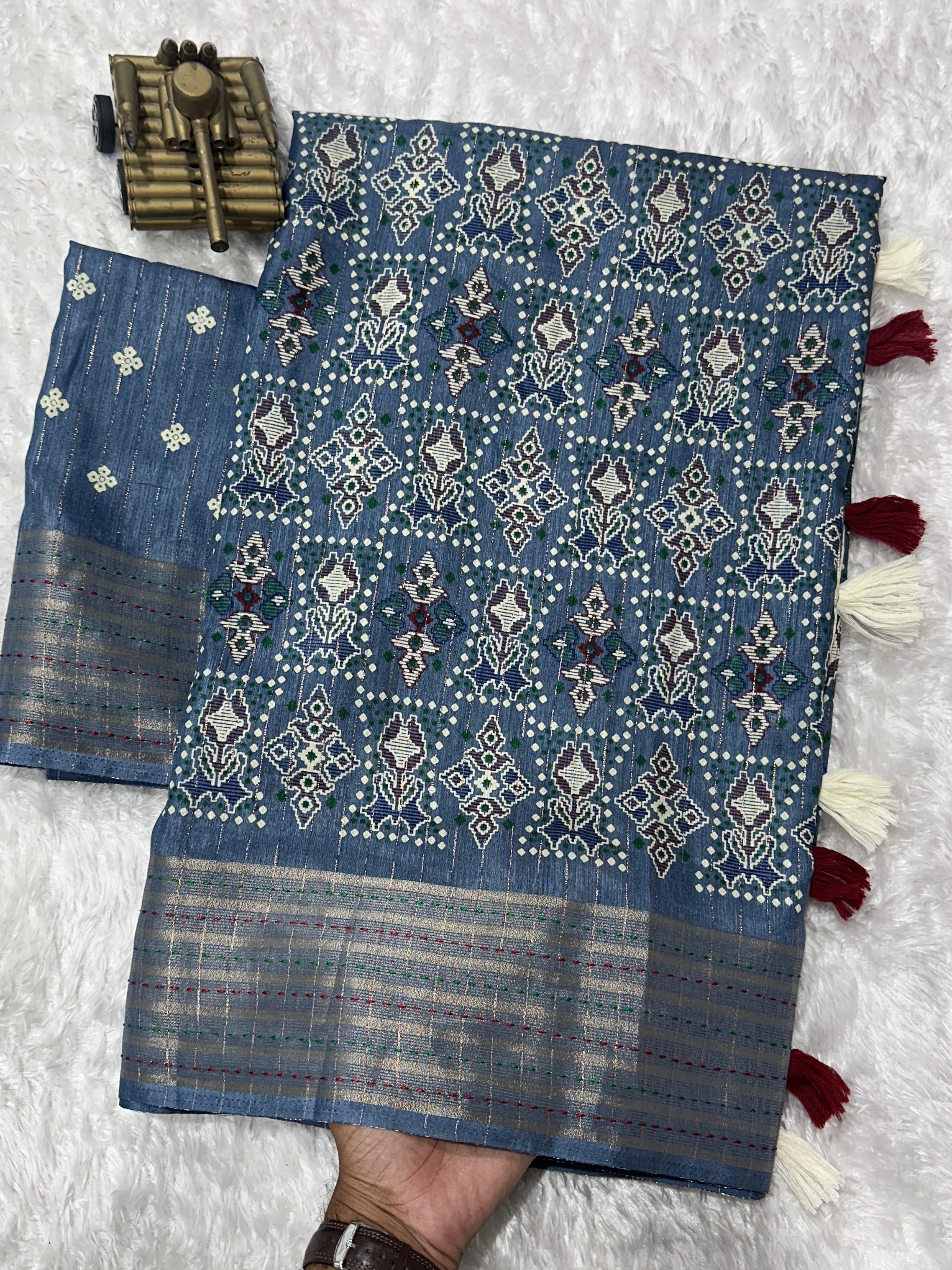 Light Blue Maslin cotton katha work Saree With Unstitched Blouse For Women