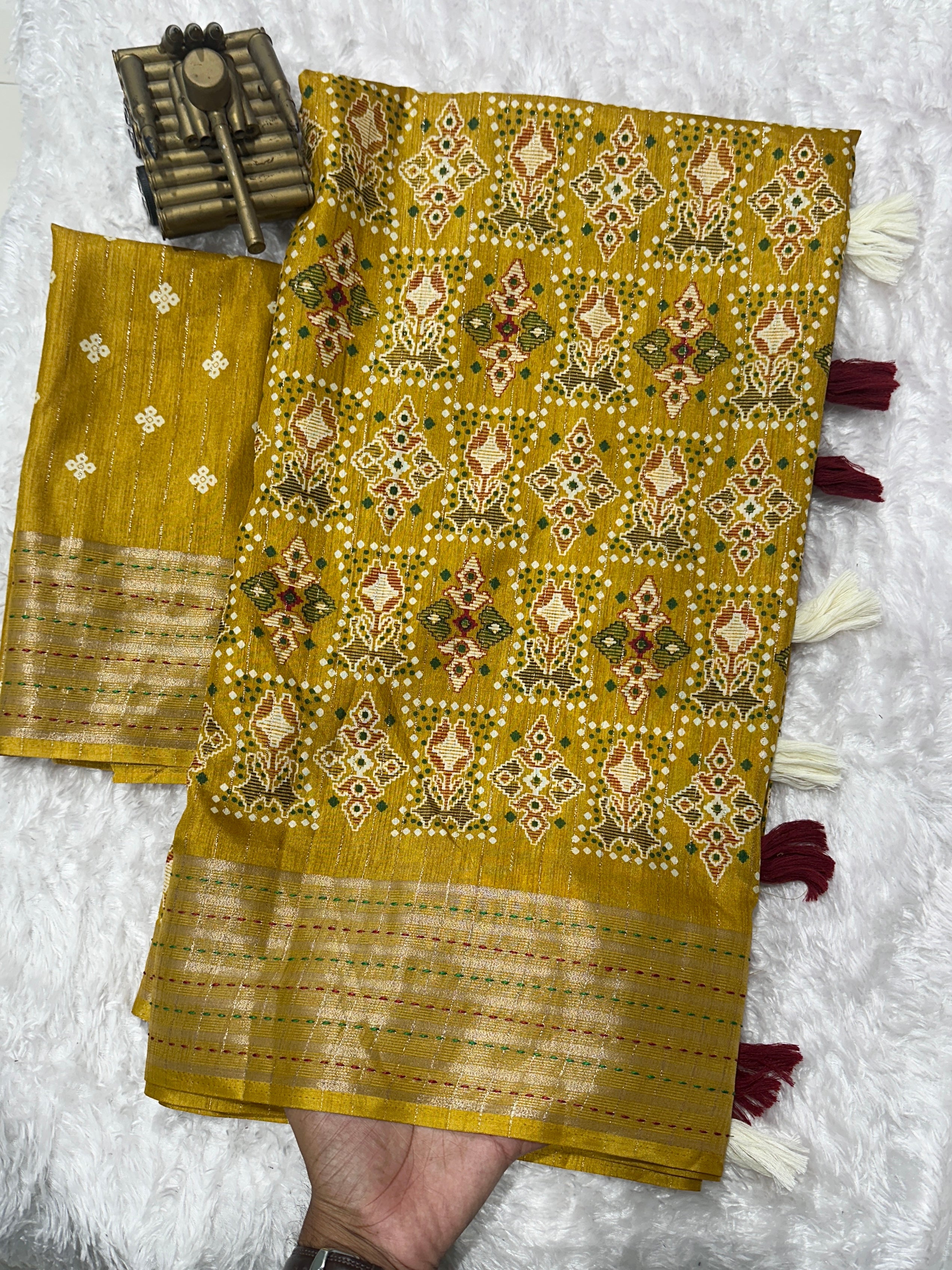 Yellow Maslin cotton katha work Saree With Unstitched Blouse For Women