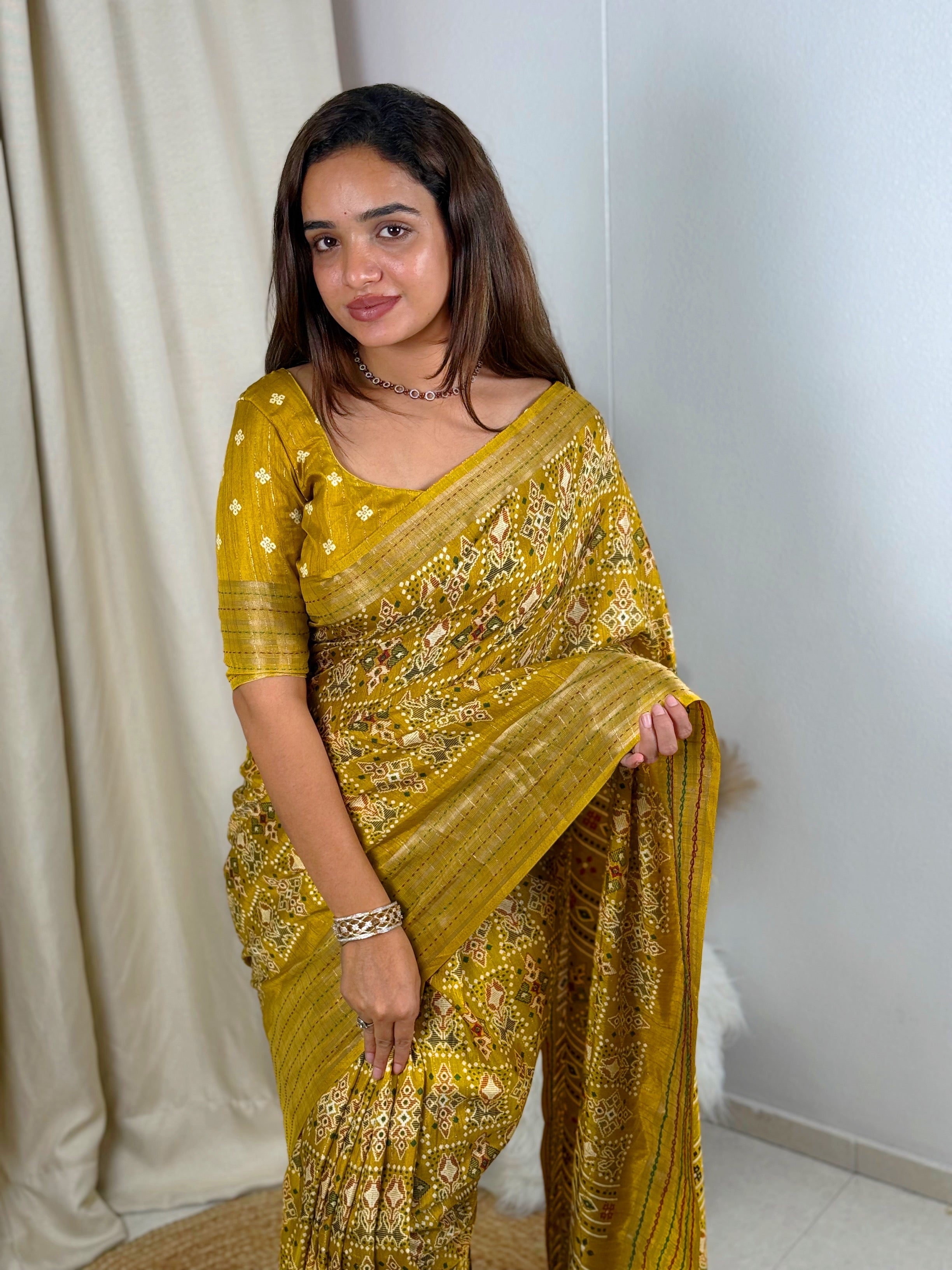 Yellow Maslin cotton katha work Saree With Unstitched Blouse For Women