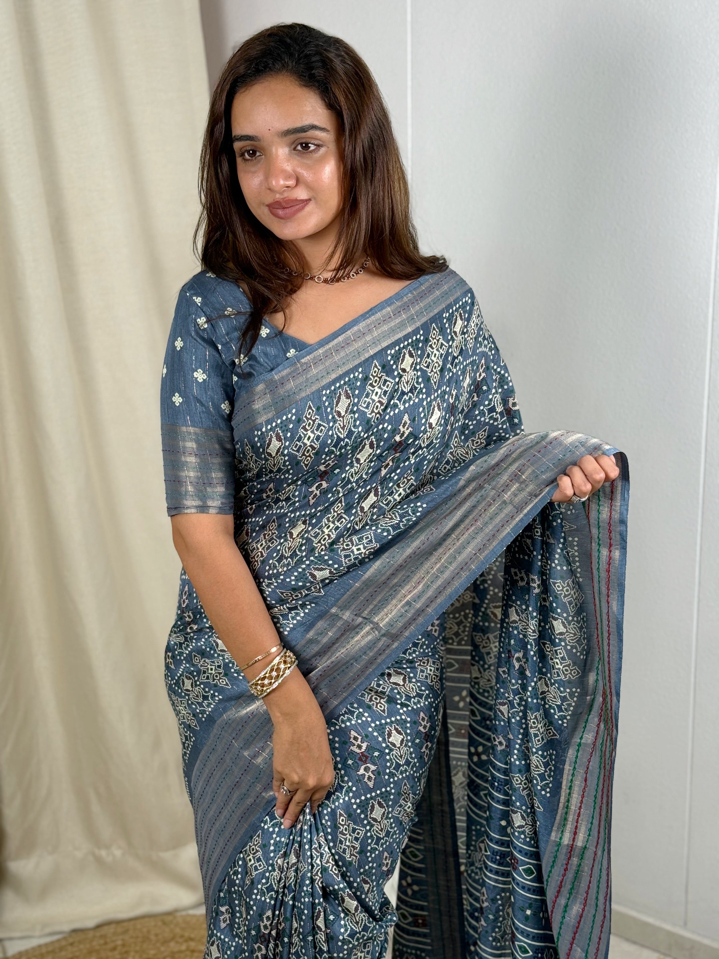 Light Blue Maslin cotton katha work Saree With Unstitched Blouse For Women