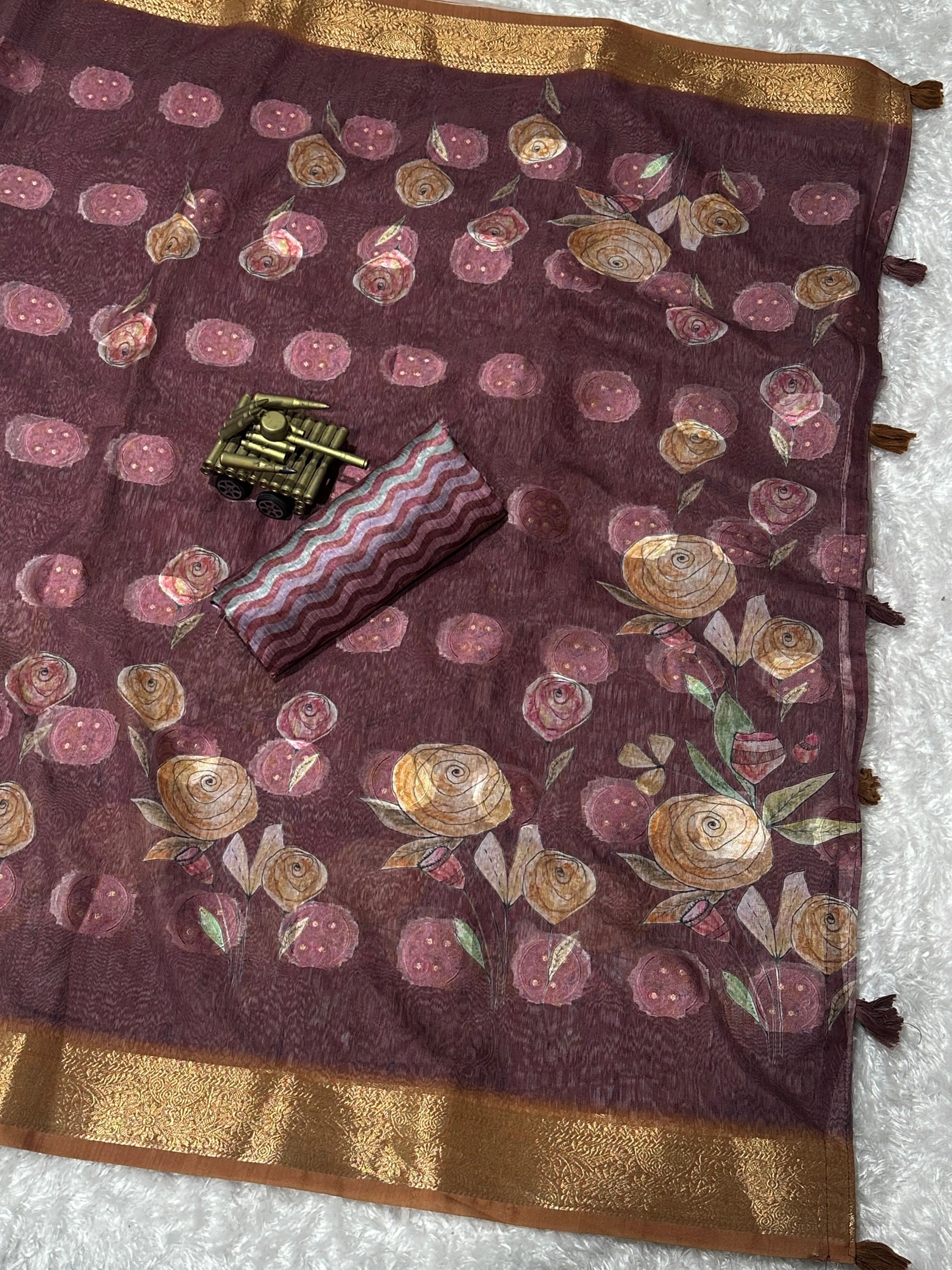 Violet Pure cotton jacquard Digital Print Saree With Unstitched Blouse For Women