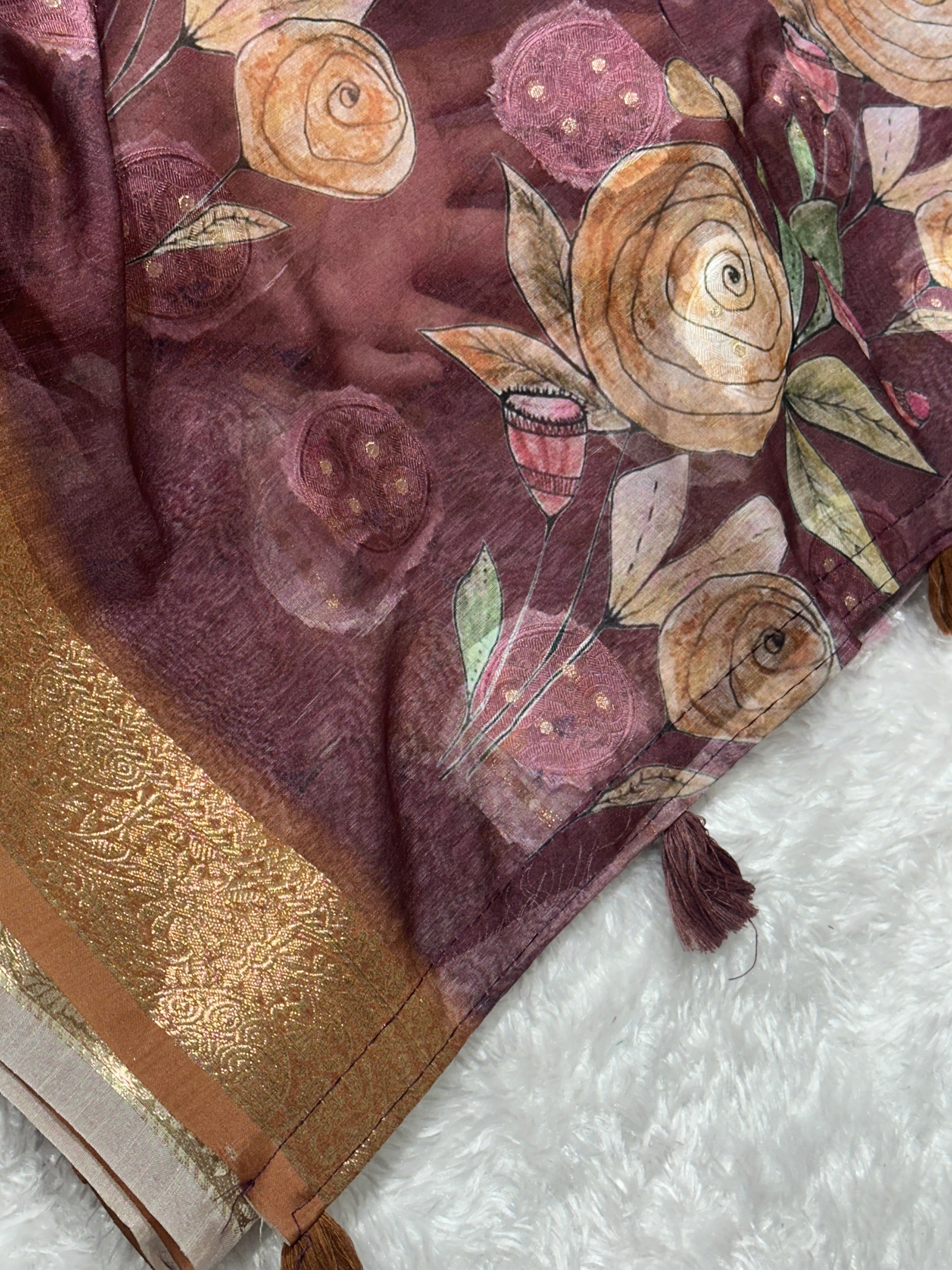 Violet Pure cotton jacquard Digital Print Saree With Unstitched Blouse For Women