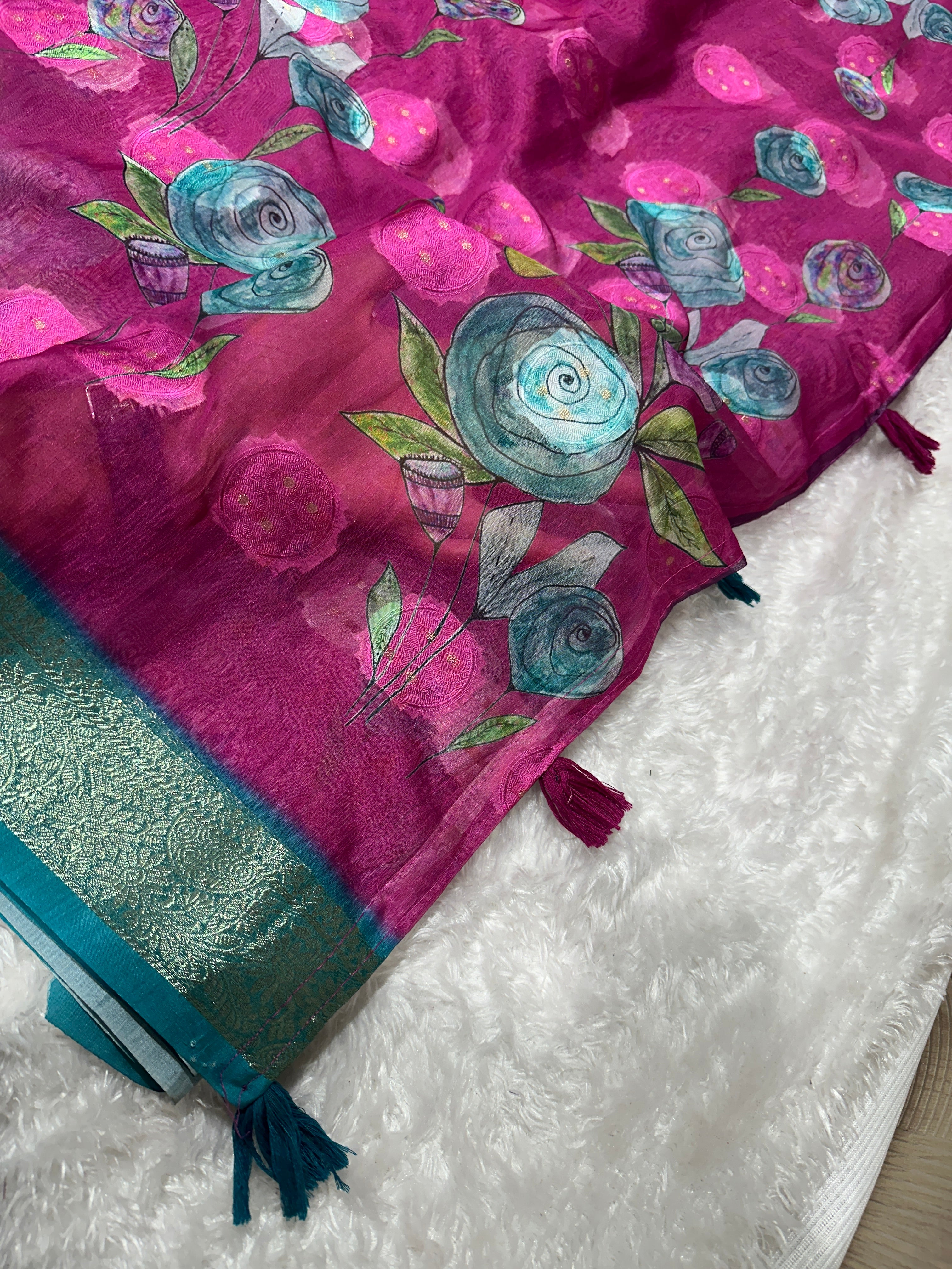 Maroon Pure cotton jacquard Digital Print Saree With Unstitched Blouse For Women