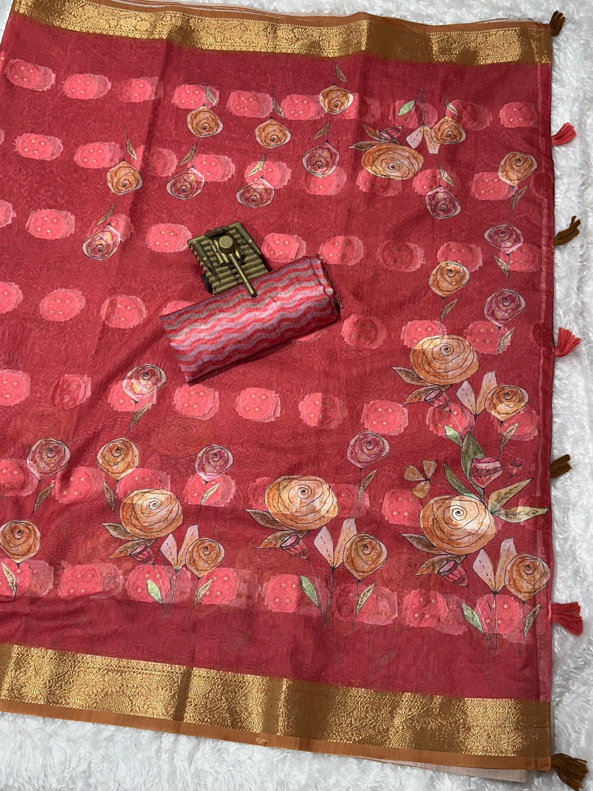 Red Pure cotton jacquard Digital Print Saree With Unstitched Blouse For Women