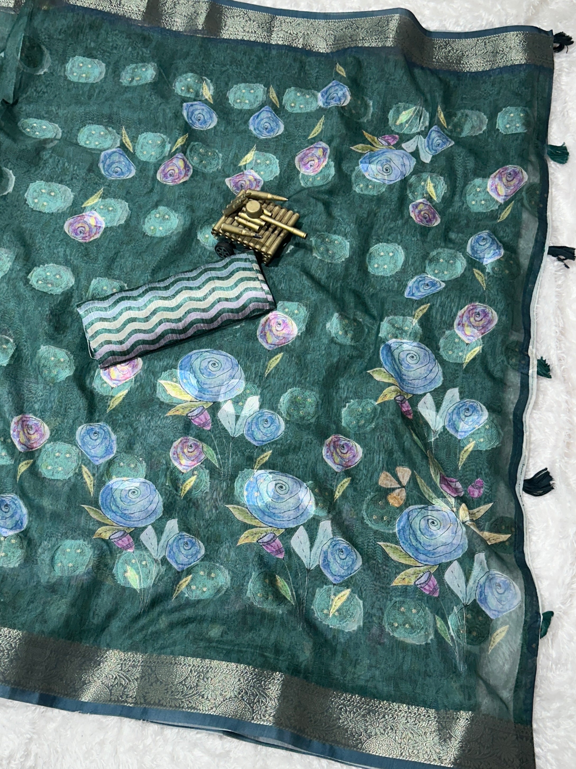 Teal Pure cotton jacquard Digital Print Saree With Unstitched Blouse For Women