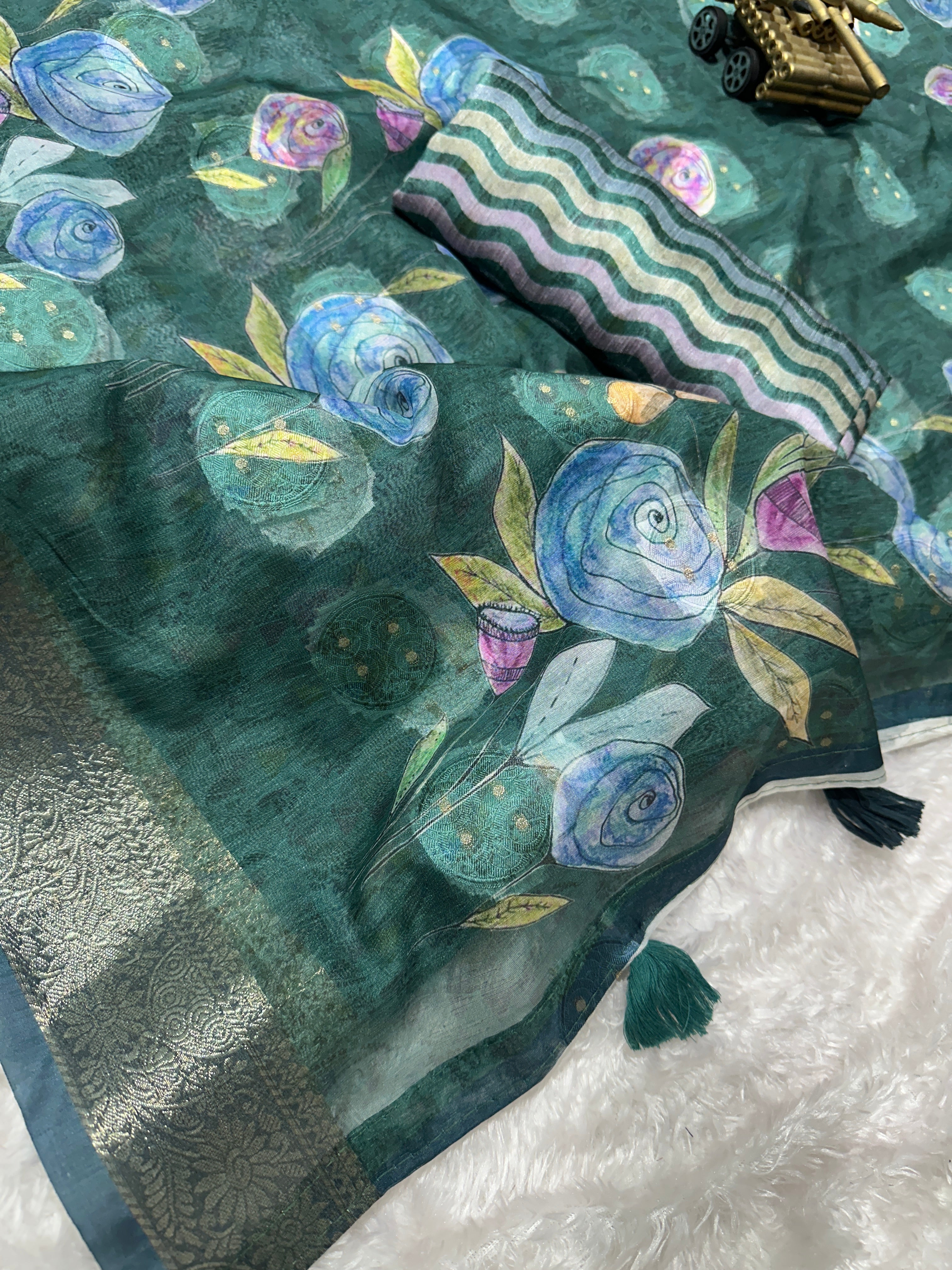 Teal Pure cotton jacquard Digital Print Saree With Unstitched Blouse For Women