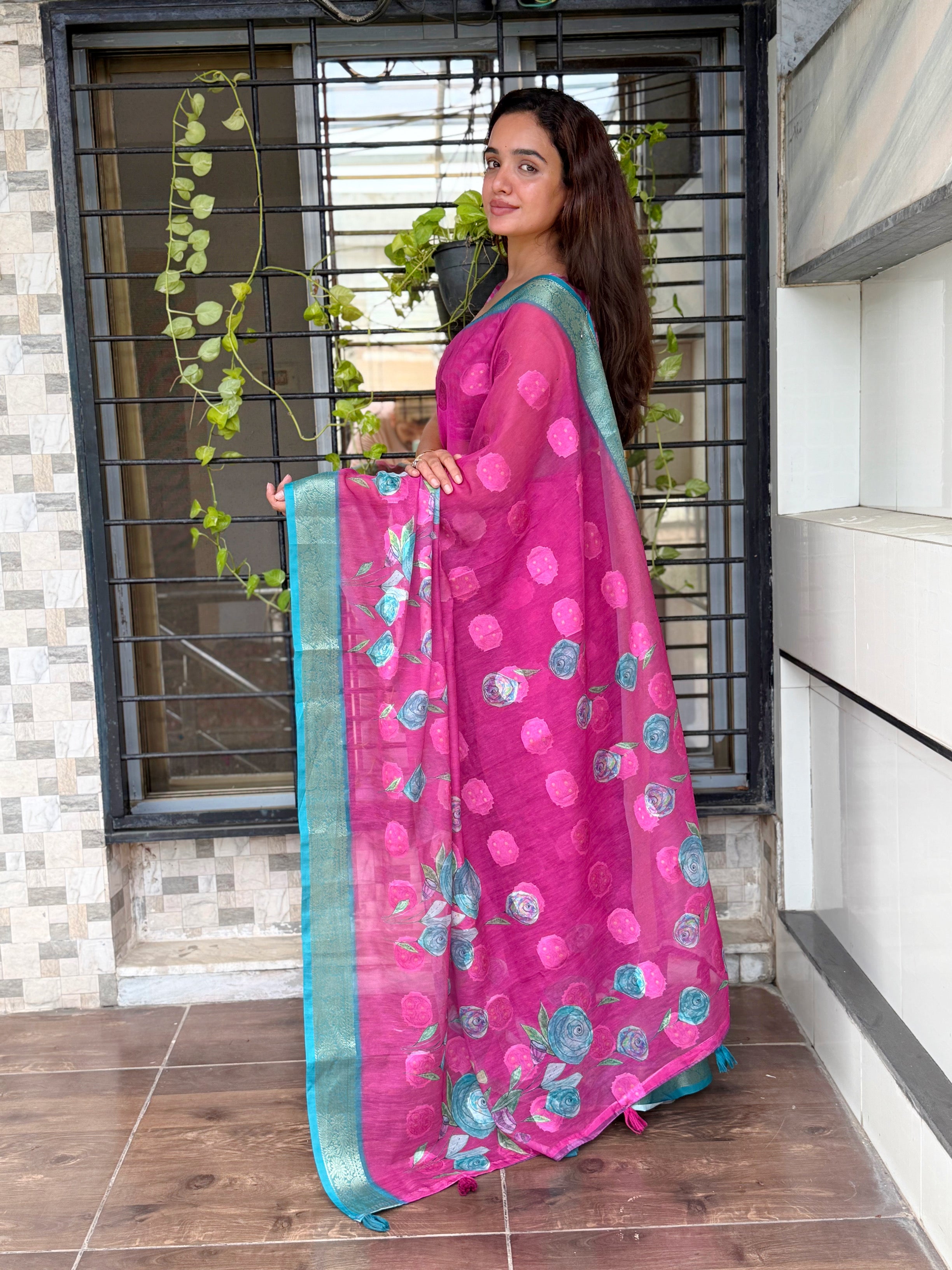 Maroon Pure cotton jacquard Digital Print Saree With Unstitched Blouse For Women
