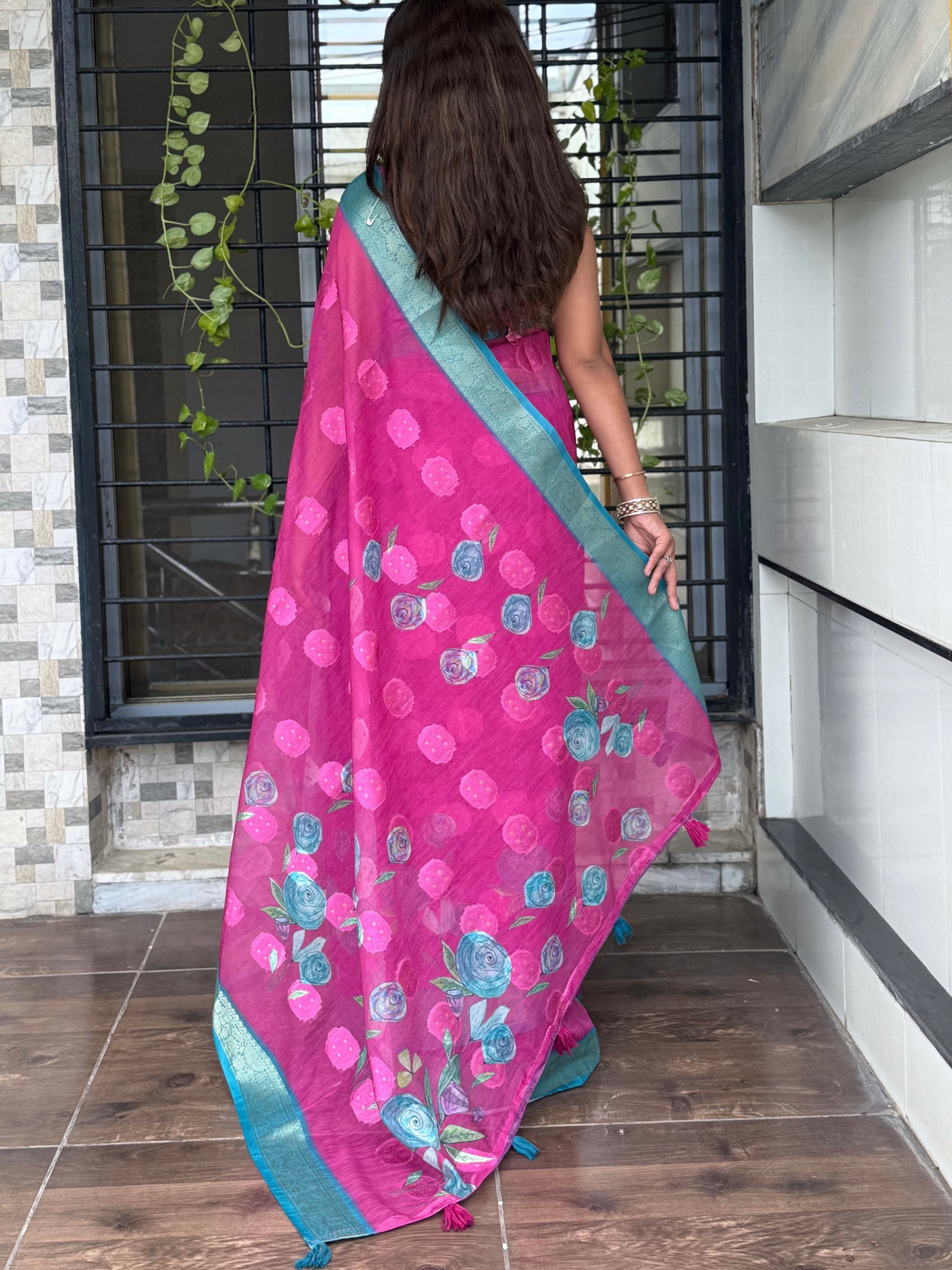Maroon Pure cotton jacquard Digital Print Saree With Unstitched Blouse For Women