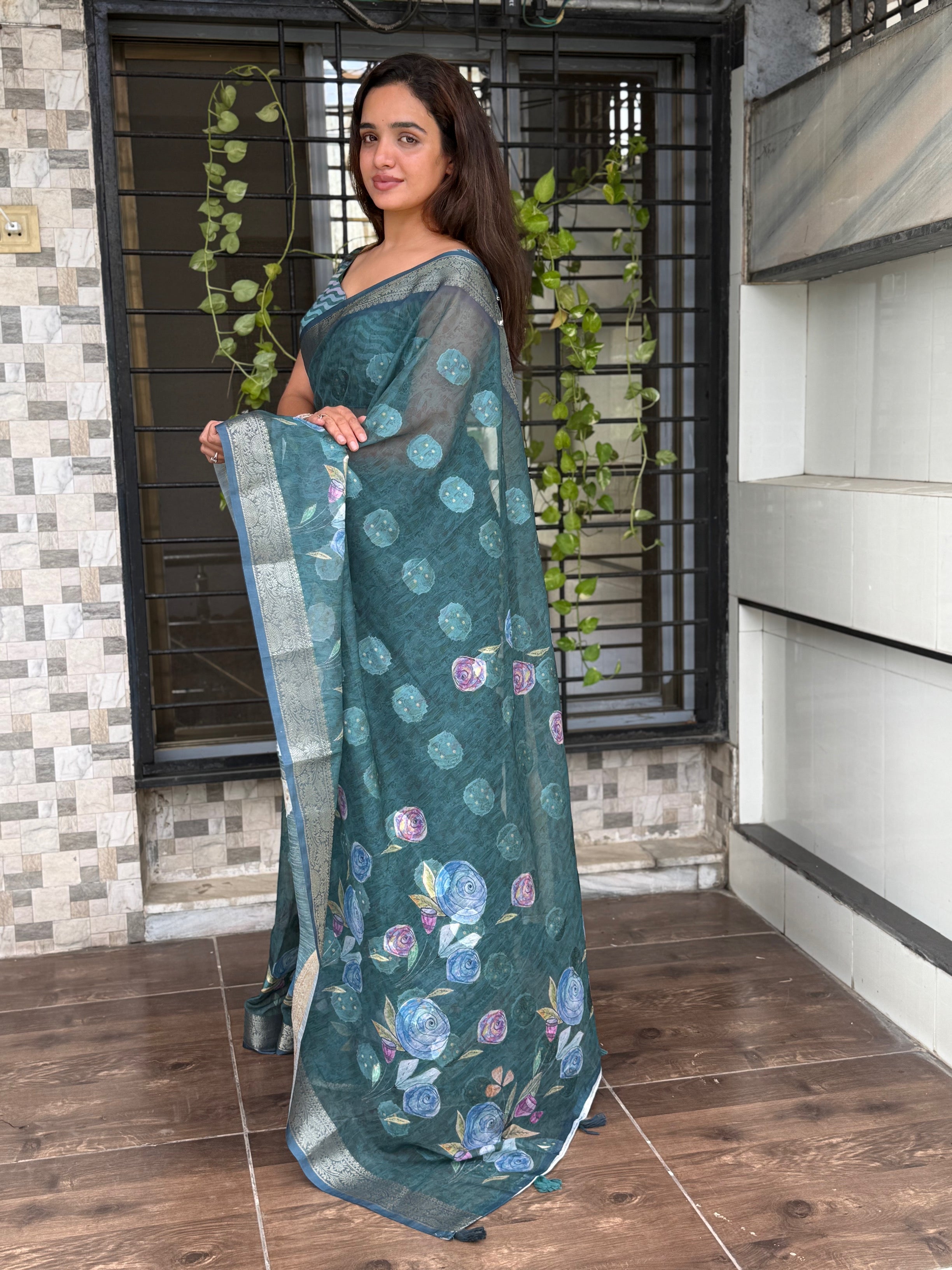 Teal Pure cotton jacquard Digital Print Saree With Unstitched Blouse For Women