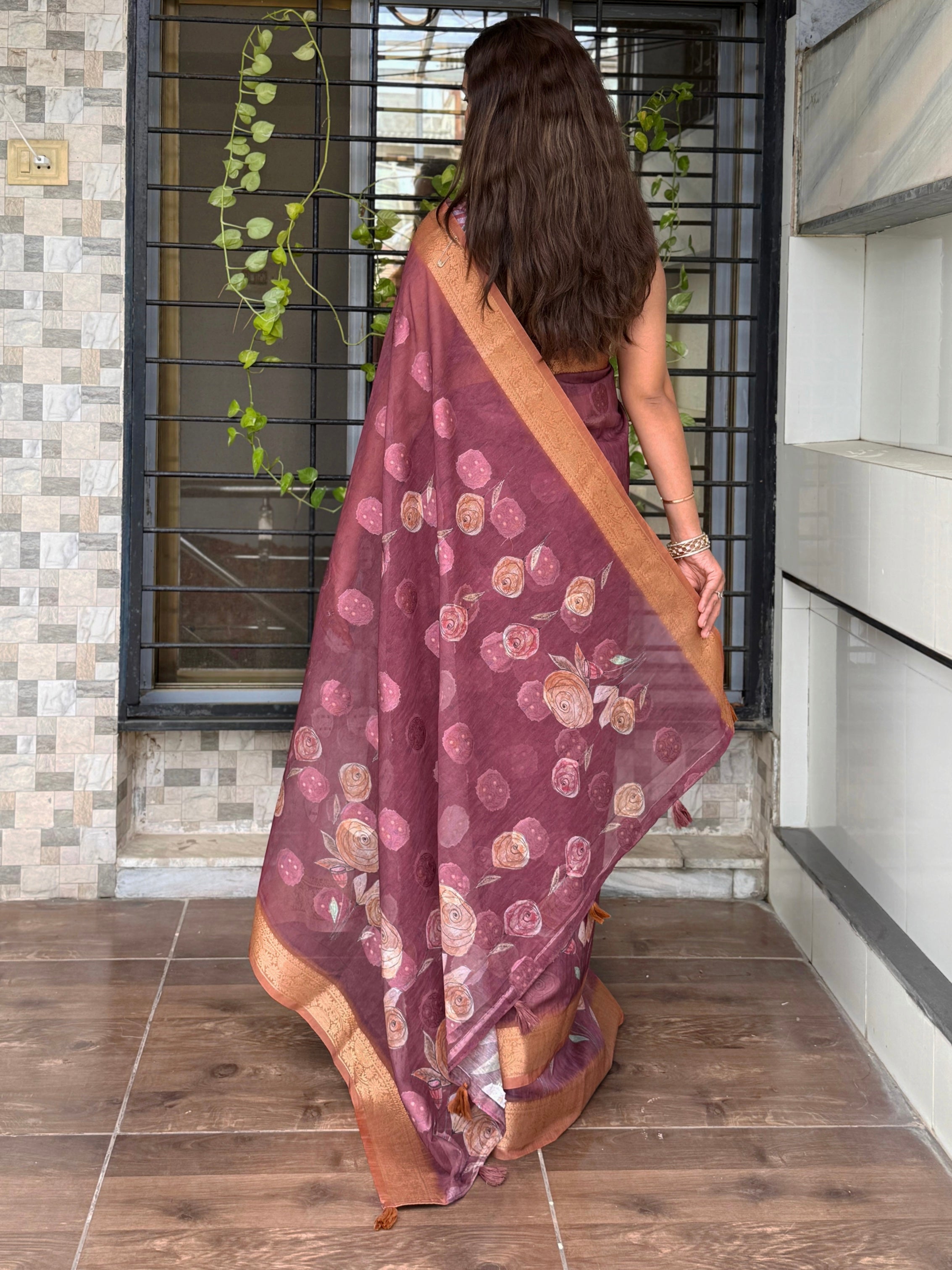 Violet Pure cotton jacquard Digital Print Saree With Unstitched Blouse For Women