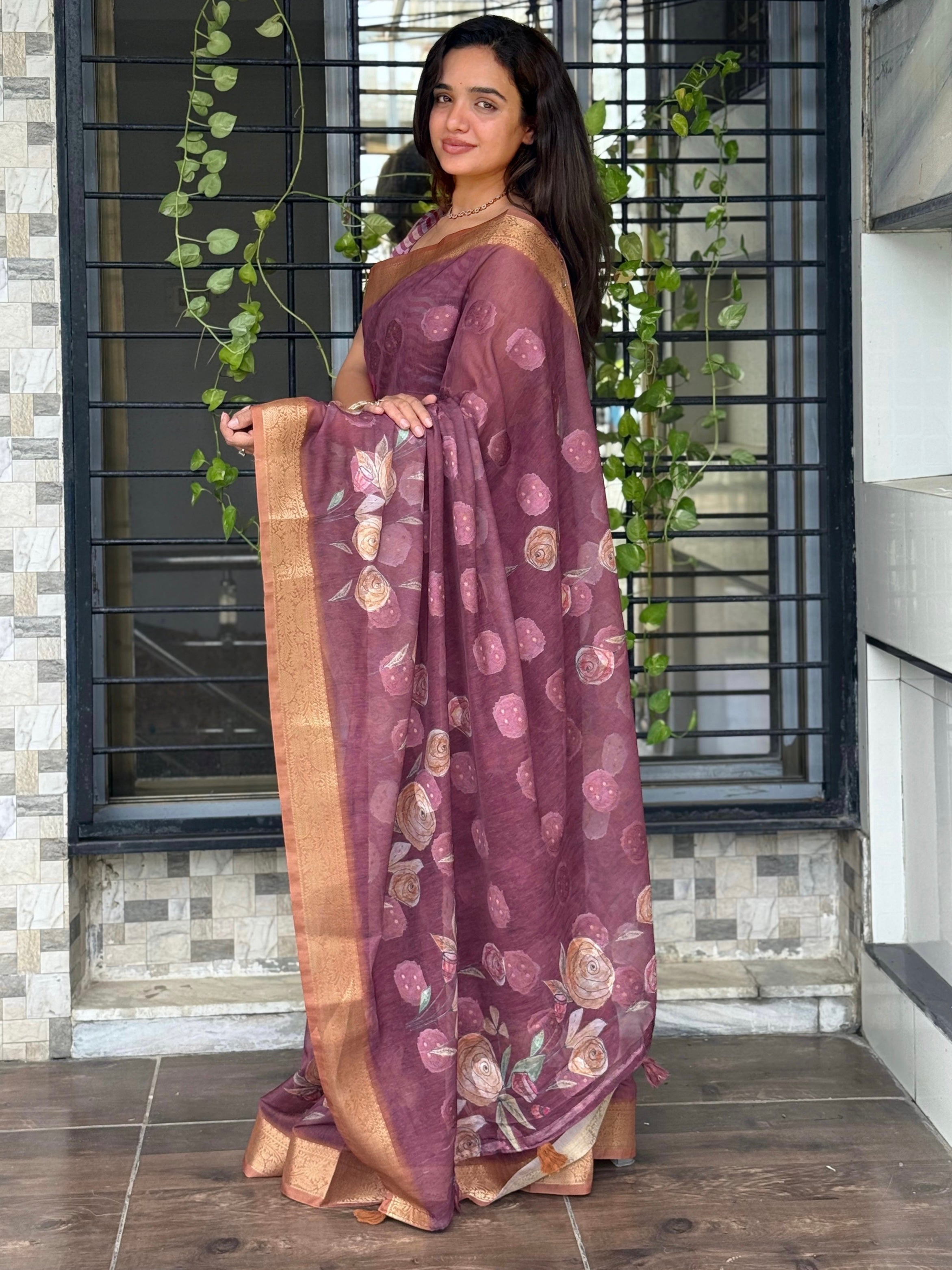Violet Pure cotton jacquard Digital Print Saree With Unstitched Blouse For Women