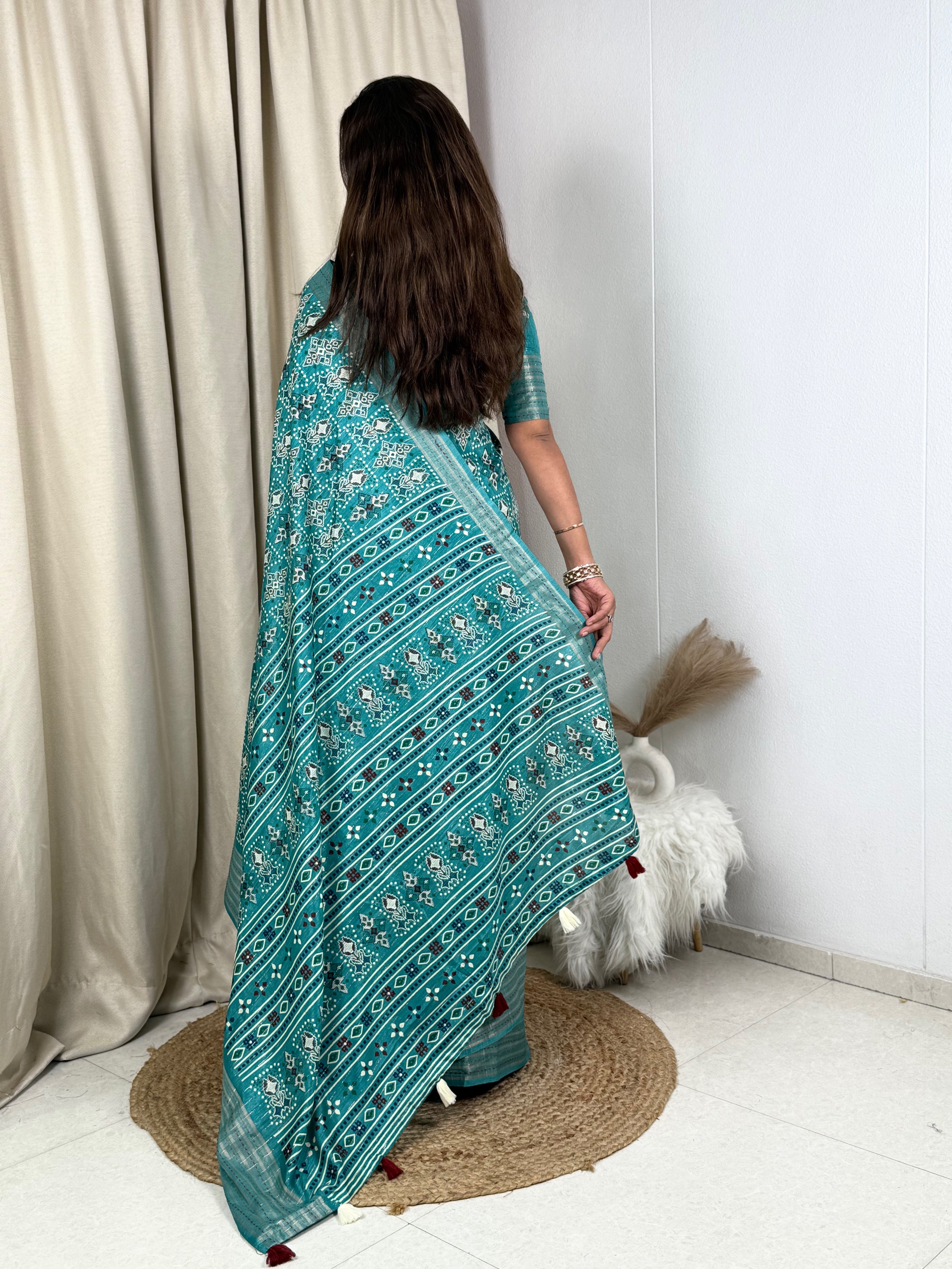 Teal Maslin cotton katha work Saree With Unstitched Blouse For Women