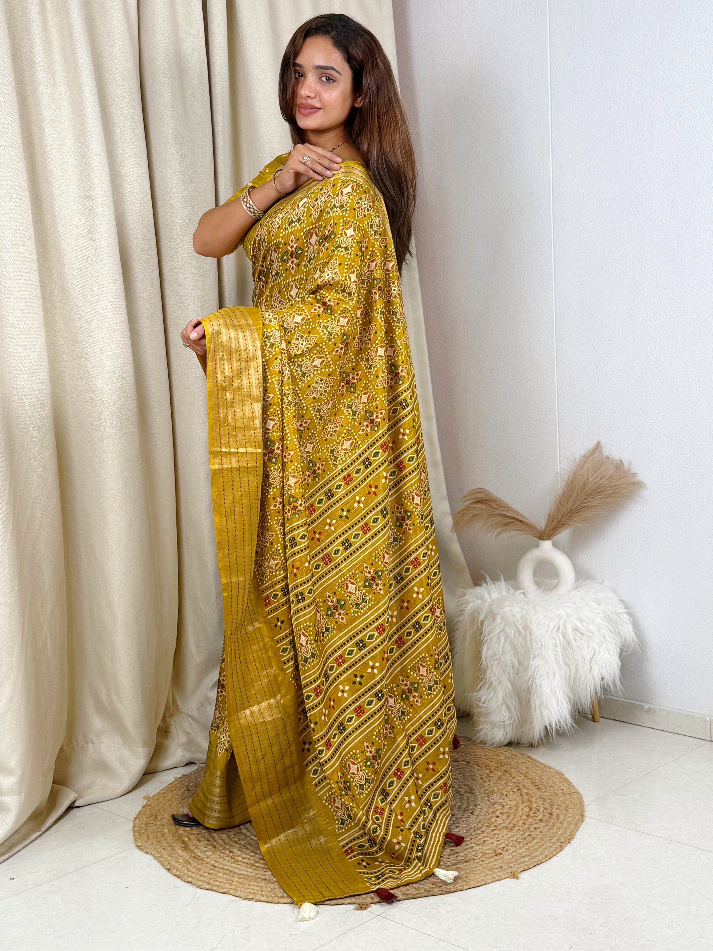 Yellow Maslin cotton katha work Saree With Unstitched Blouse For Women