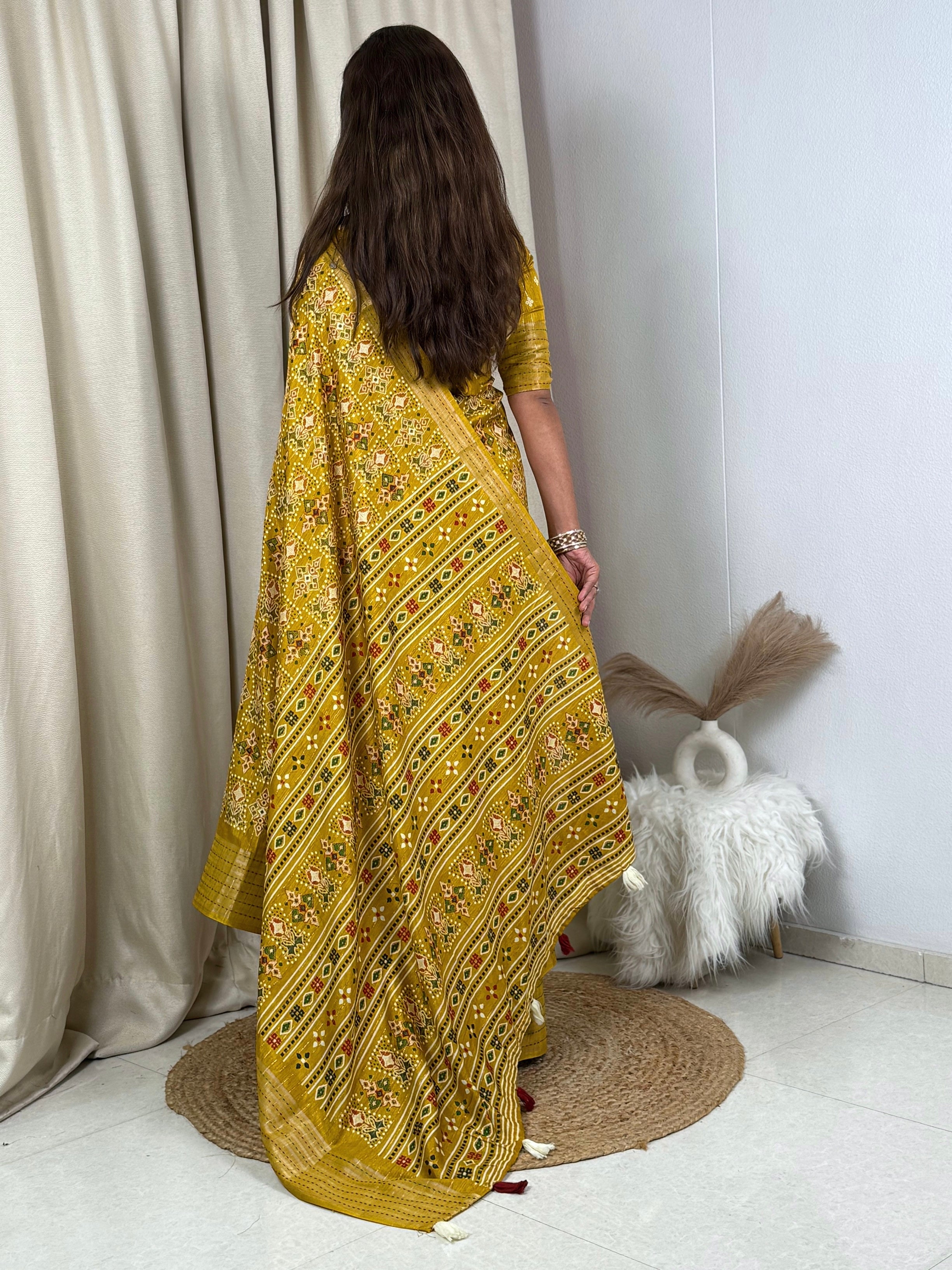 Yellow Maslin cotton katha work Saree With Unstitched Blouse For Women