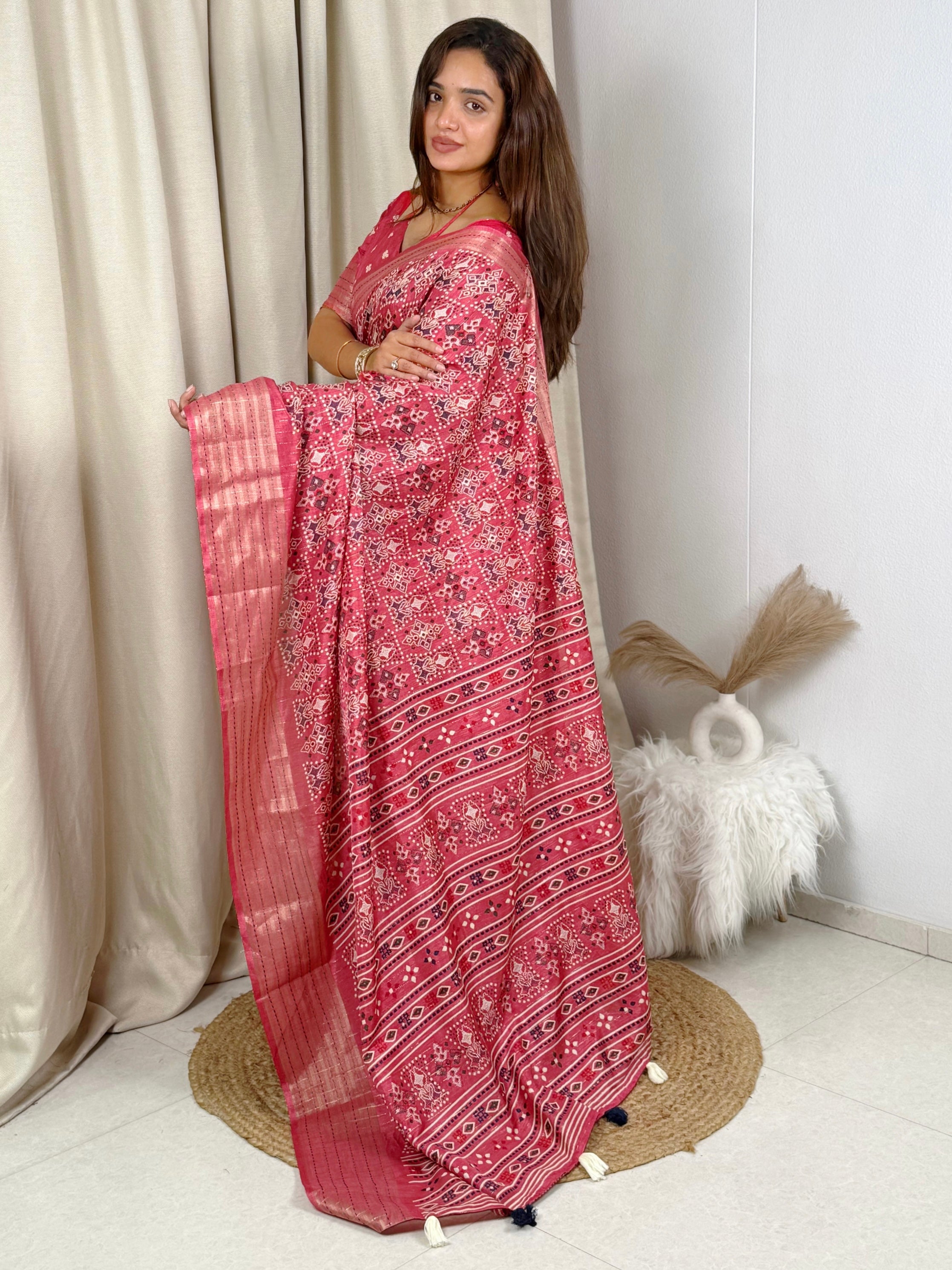 Pink Maslin cotton katha work Saree With Unstitched Blouse For Women