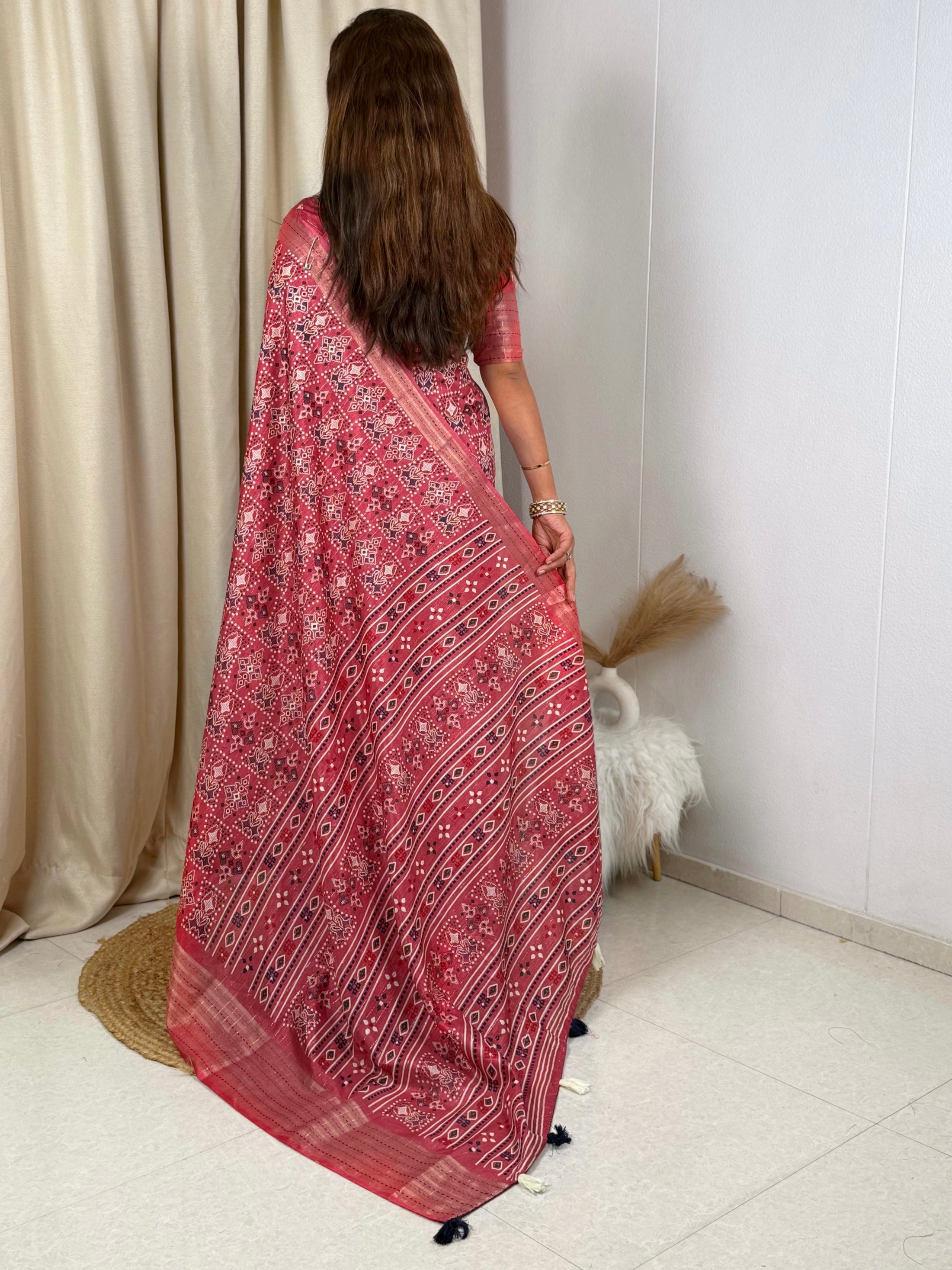 Pink Maslin cotton katha work Saree With Unstitched Blouse For Women