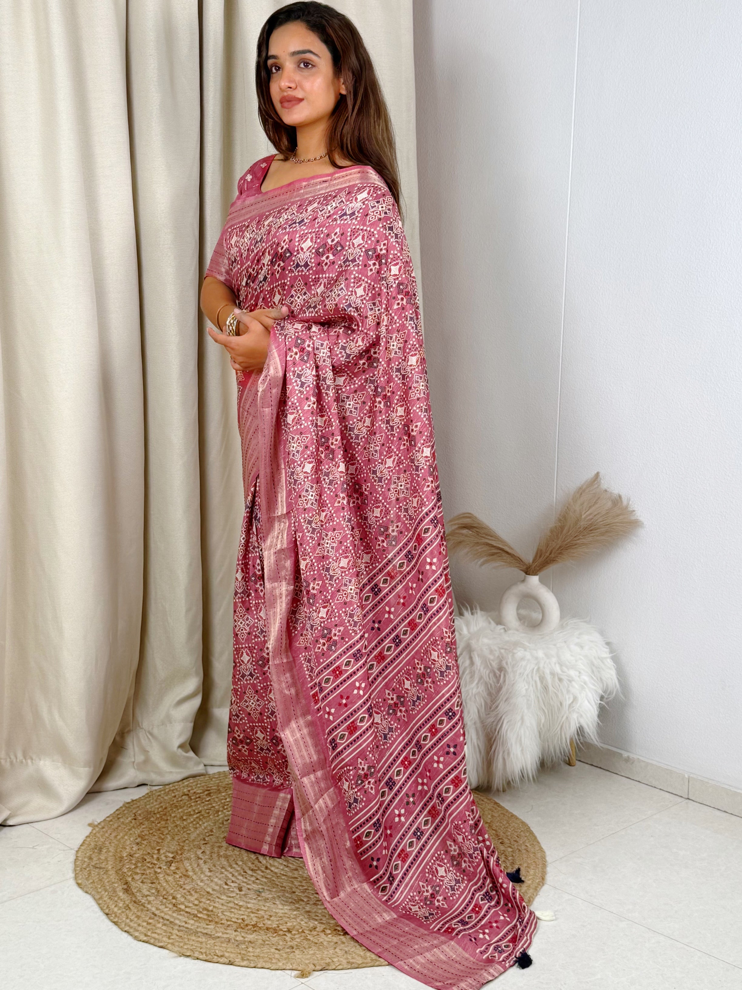Maroon Maslin cotton katha work Saree With Unstitched Blouse For Women