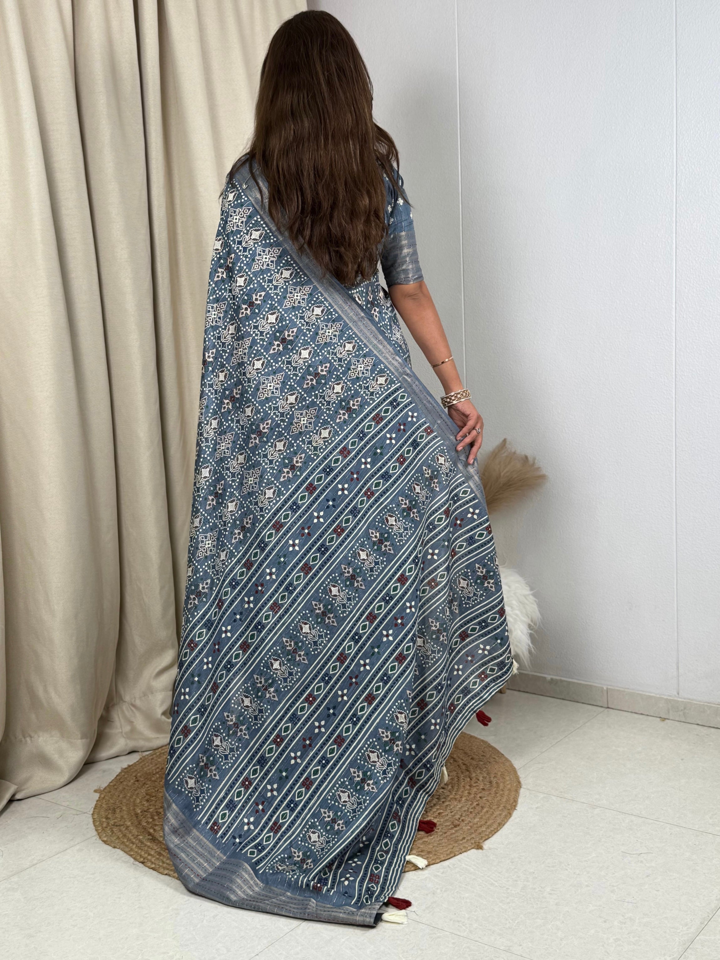 Light Blue Maslin cotton katha work Saree With Unstitched Blouse For Women