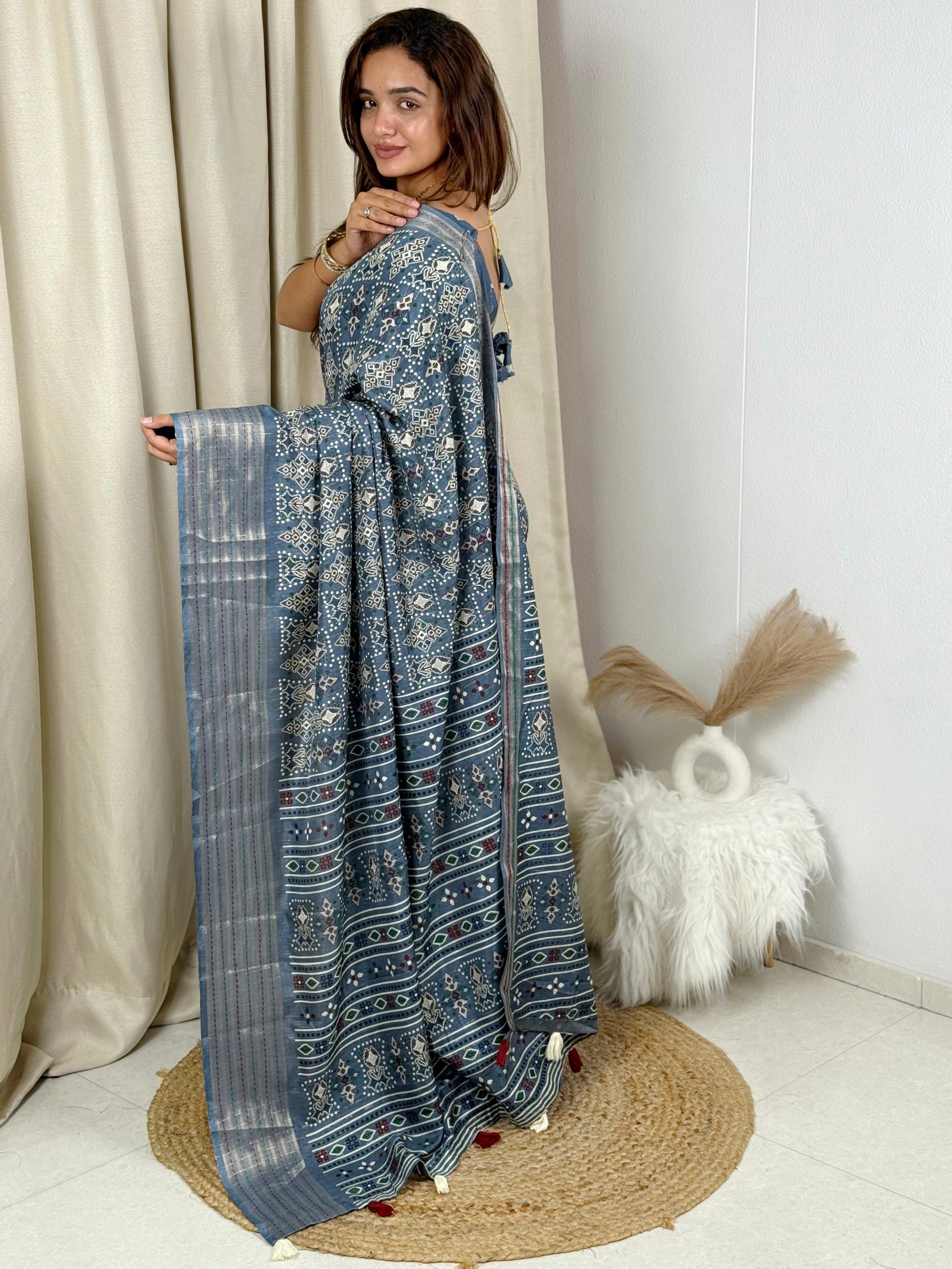 Light Blue Maslin cotton katha work Saree With Unstitched Blouse For Women