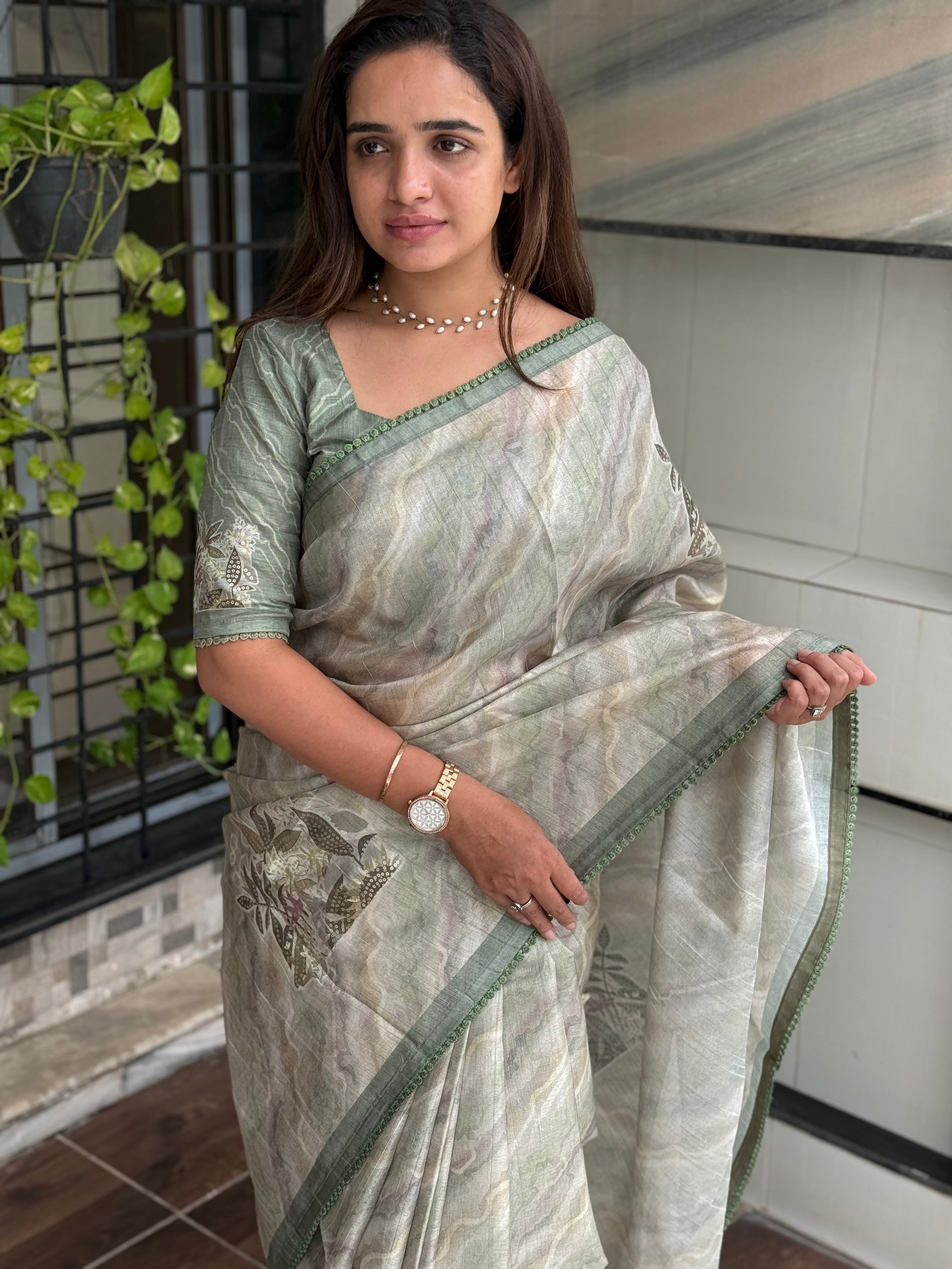 Light green Pure tusser linen Digital Print Saree With Unstitched Blouse For Women