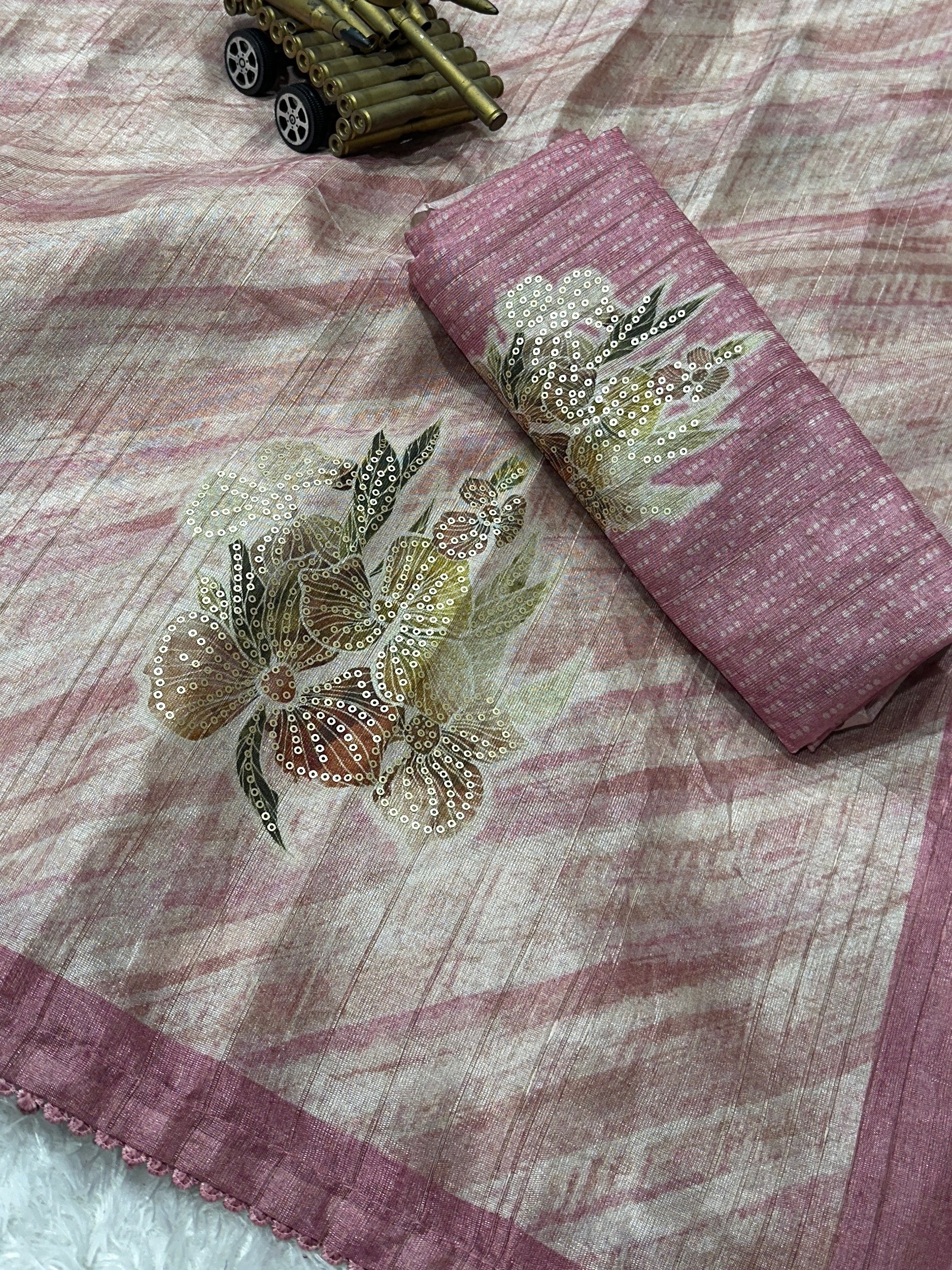 Pink Pure tusser linen Digital Print Saree With Unstitched Blouse For Women