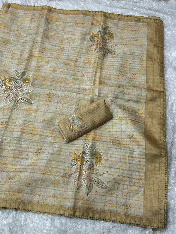 Kathai Pure tusser linen Digital Print Saree With Unstitched Blouse For Women