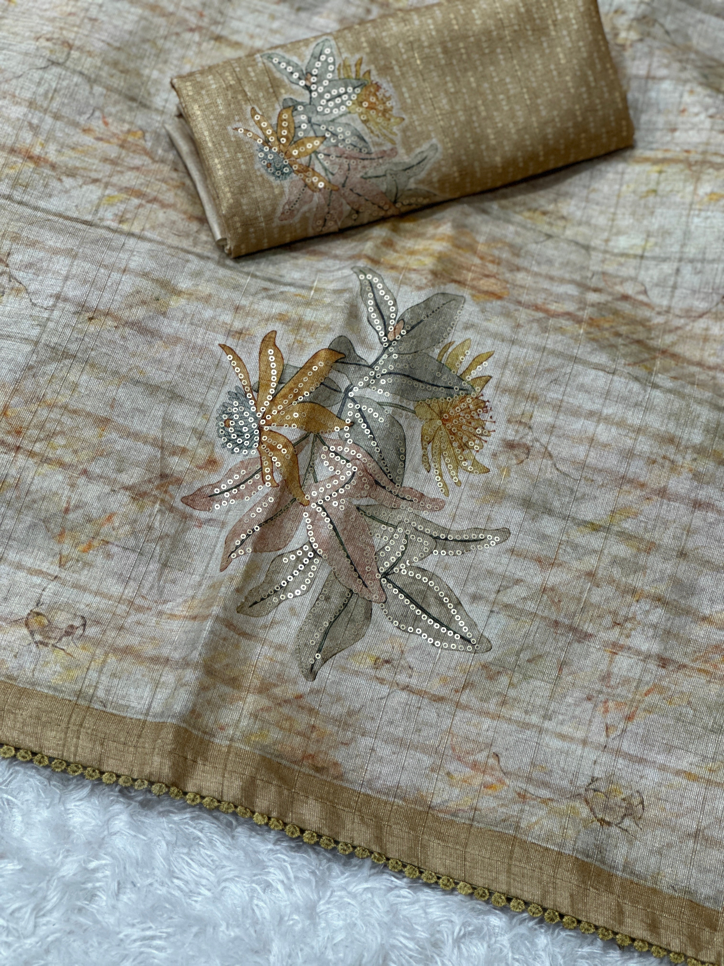 Kathai Pure tusser linen Digital Print Saree With Unstitched Blouse For Women