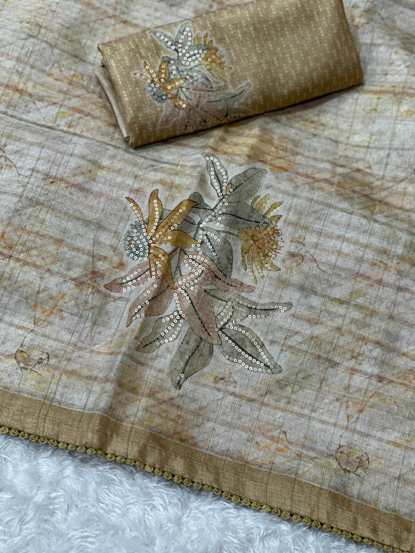 Kathai Pure tusser linen Digital Print Saree With Unstitched Blouse For Women