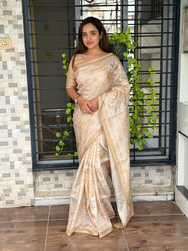 Kathai Pure tusser linen Digital Print Saree With Unstitched Blouse For Women