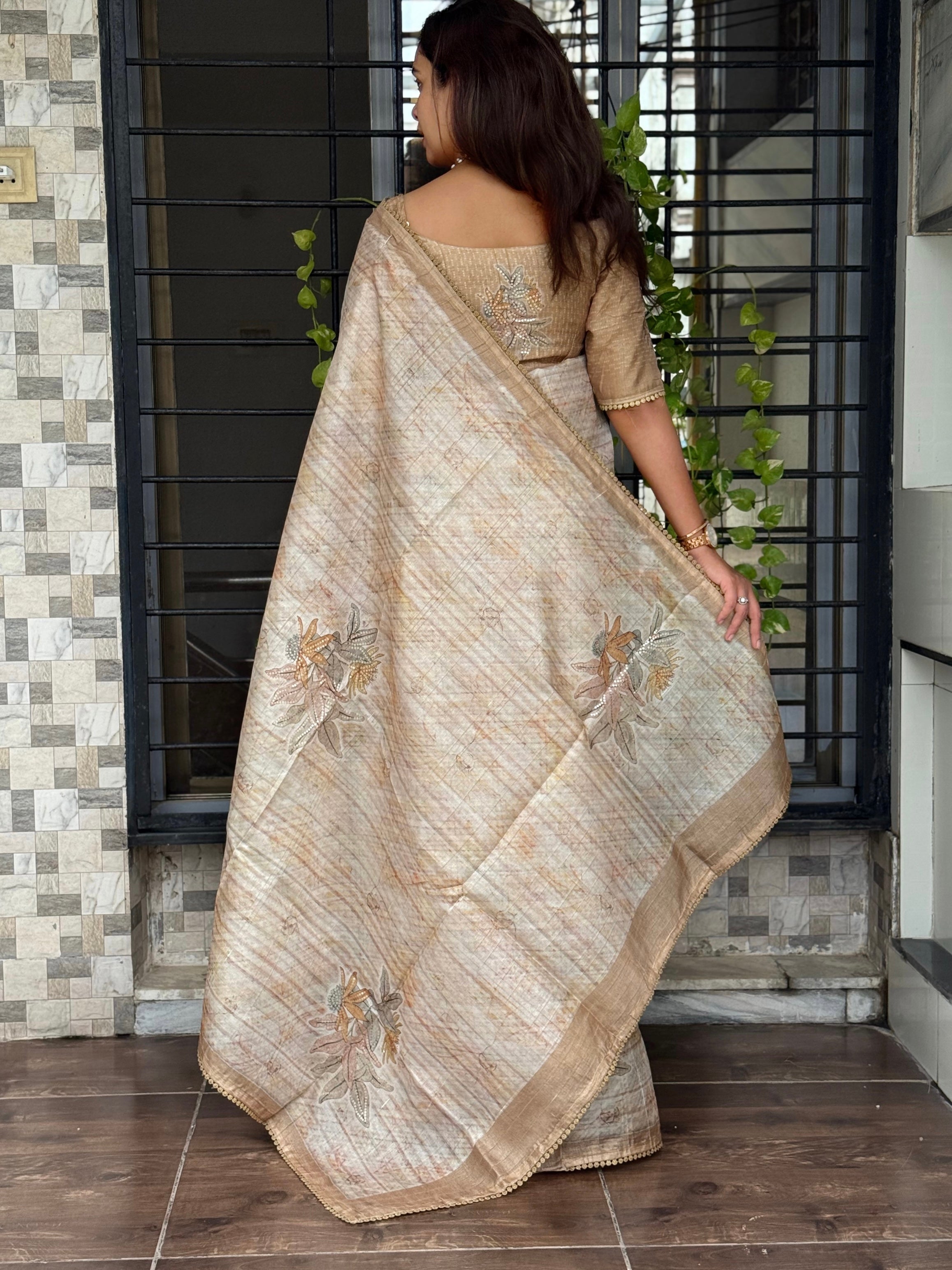 Kathai Pure tusser linen Digital Print Saree With Unstitched Blouse For Women