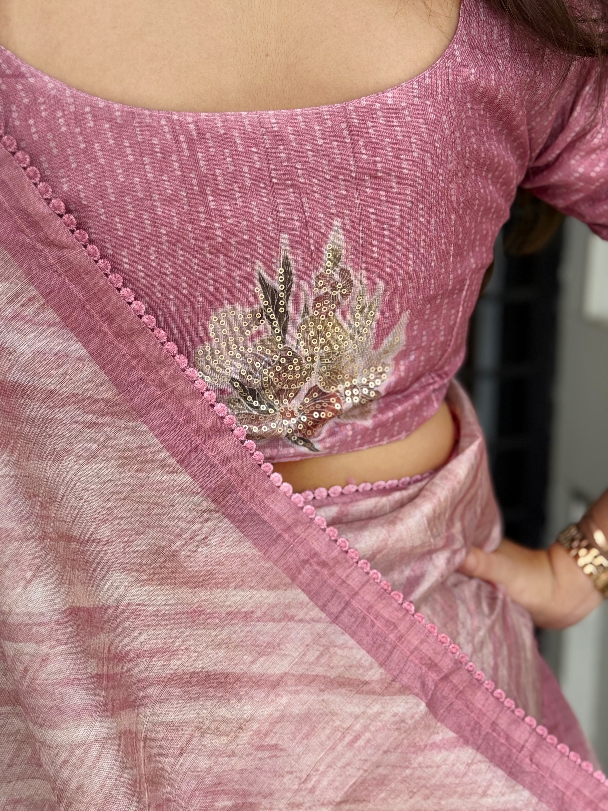 Pink Pure tusser linen Digital Print Saree With Unstitched Blouse For Women