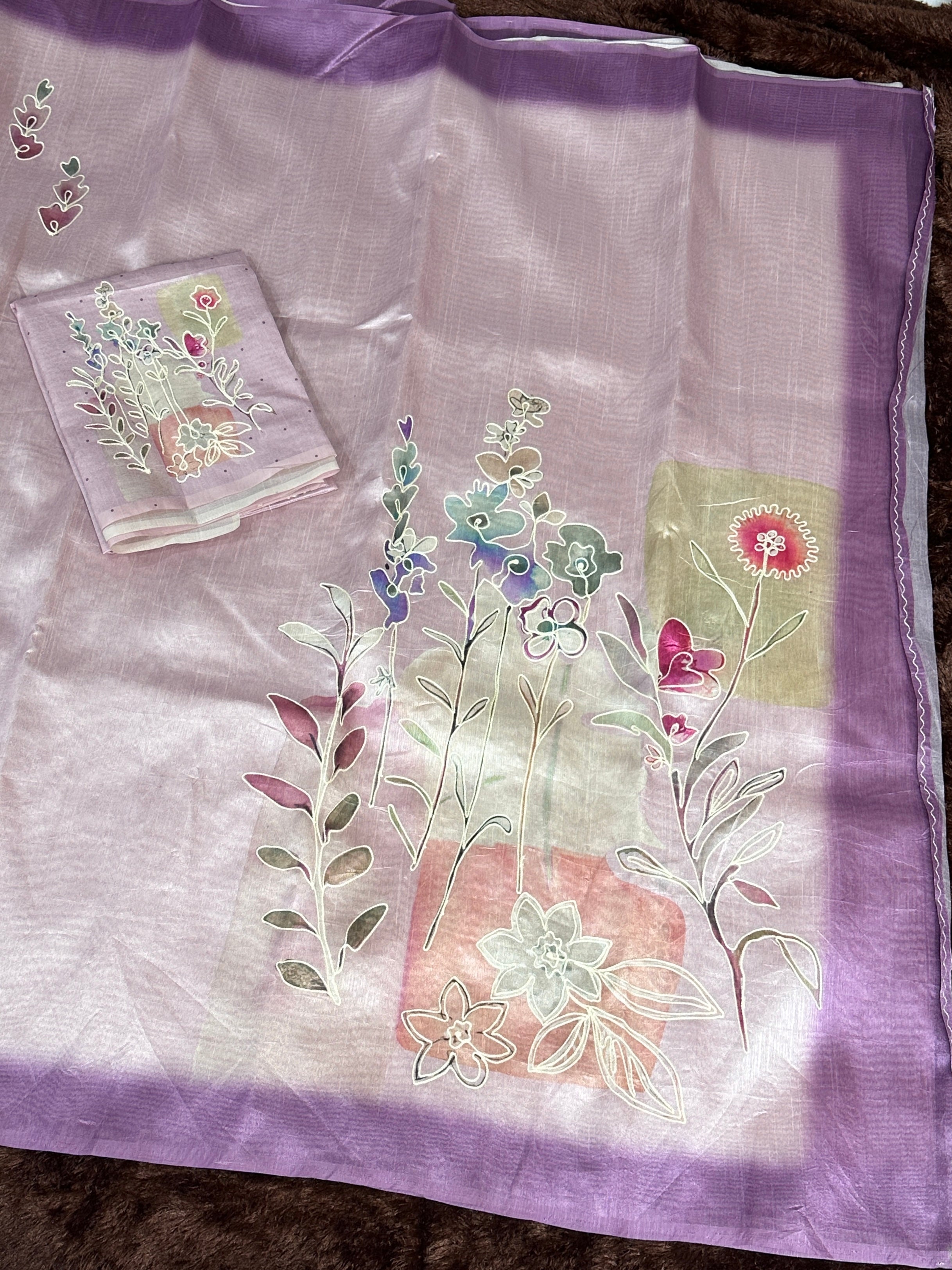 Light Purole linen cotton katha work Saree With Unstitched Blouse For Women