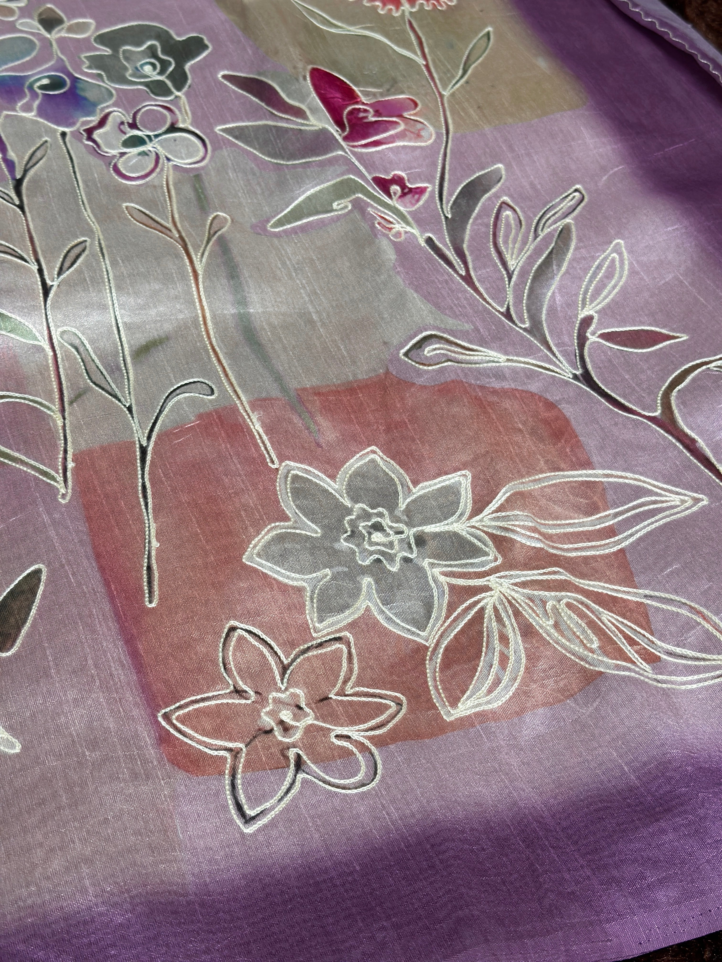 Light Purole linen cotton katha work Saree With Unstitched Blouse For Women
