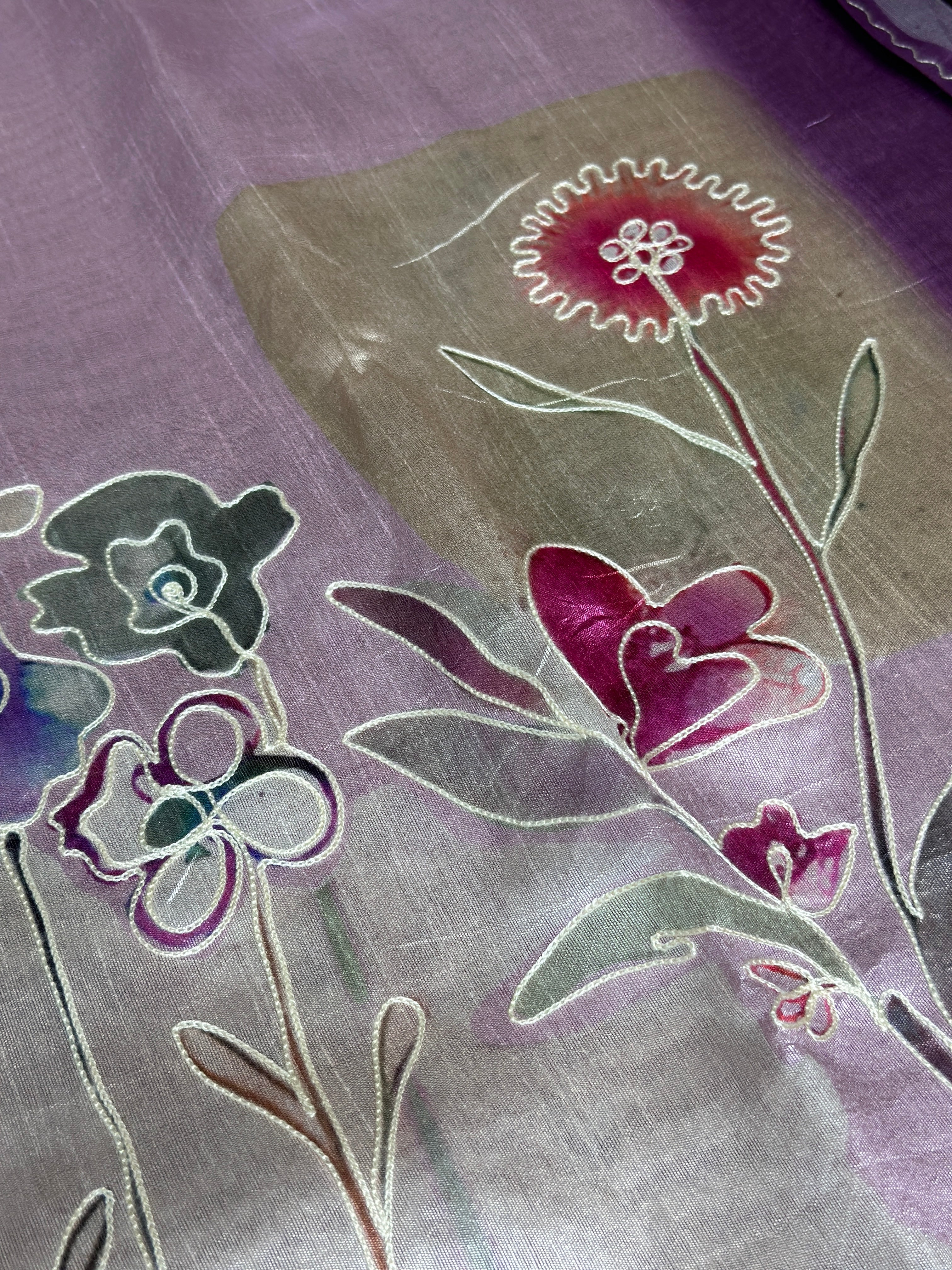 Light Purole linen cotton katha work Saree With Unstitched Blouse For Women