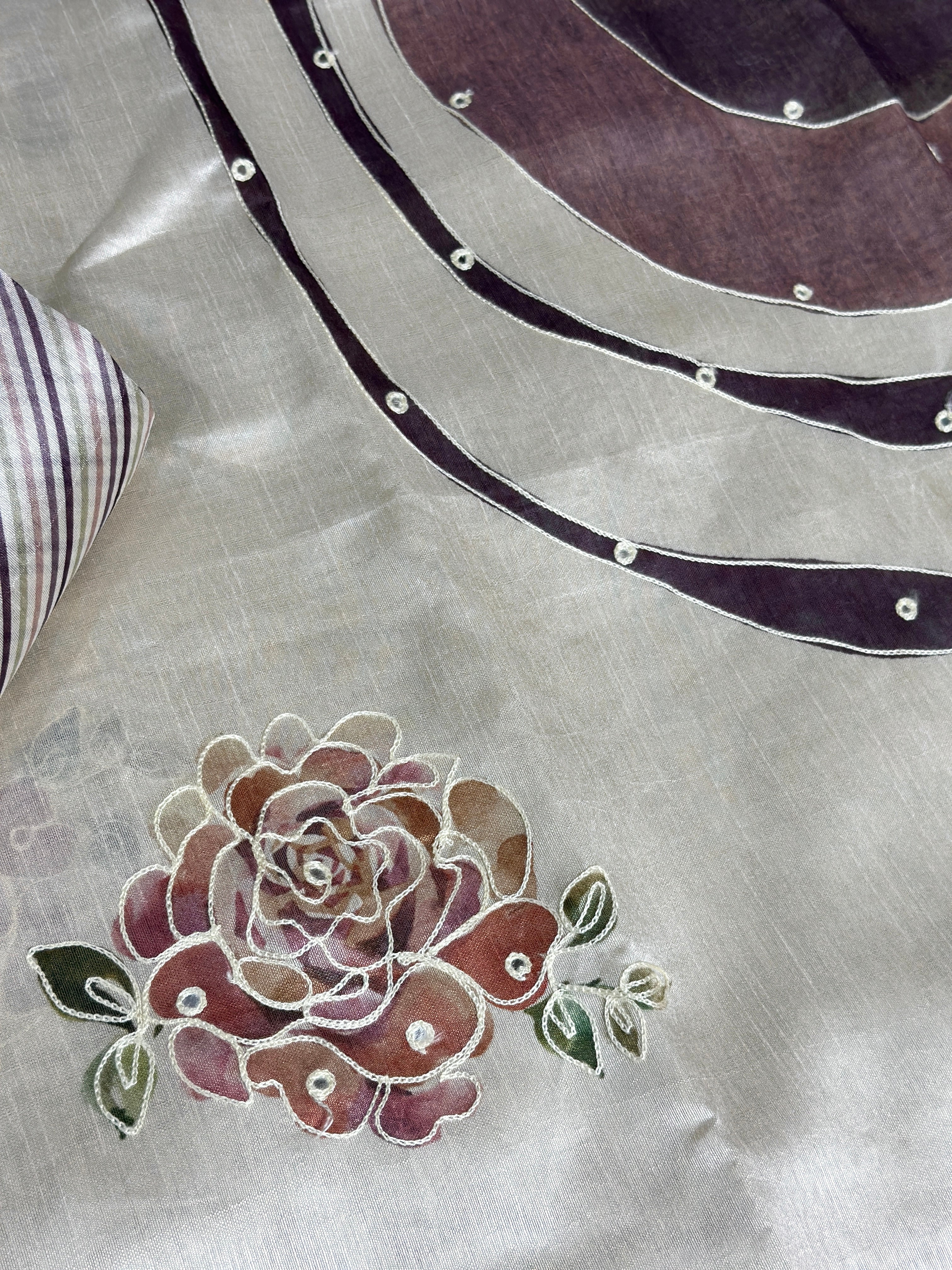 White Pink pure Tusser linen katha work Saree With Unstitched Blouse For Women