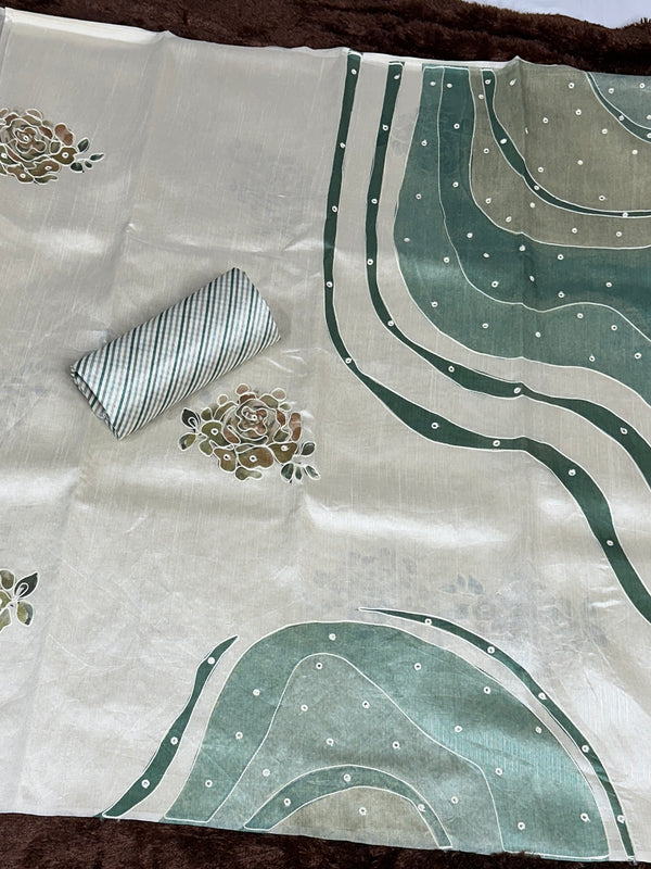 White Green pure Tusser linen katha work Saree With Unstitched Blouse For Women