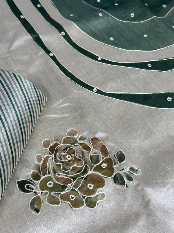 White Green pure Tusser linen katha work Saree With Unstitched Blouse For Women