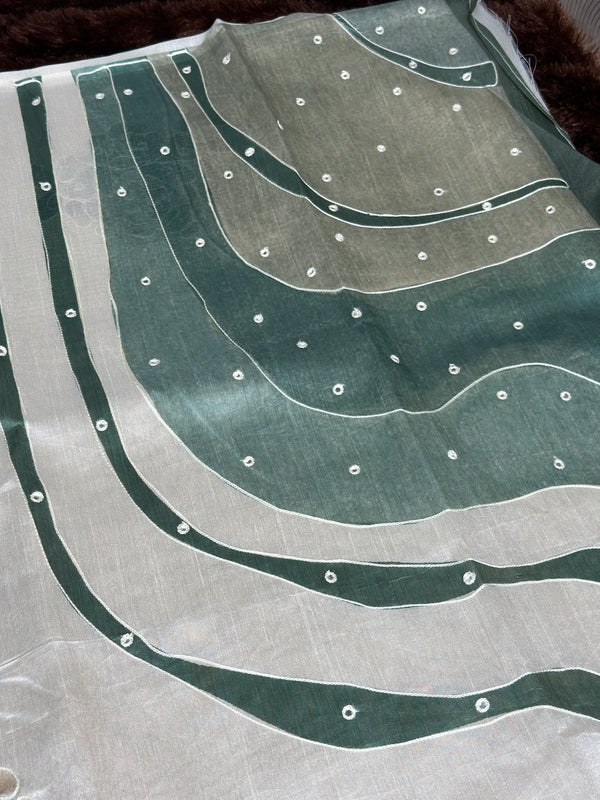 White Green pure Tusser linen katha work Saree With Unstitched Blouse For Women