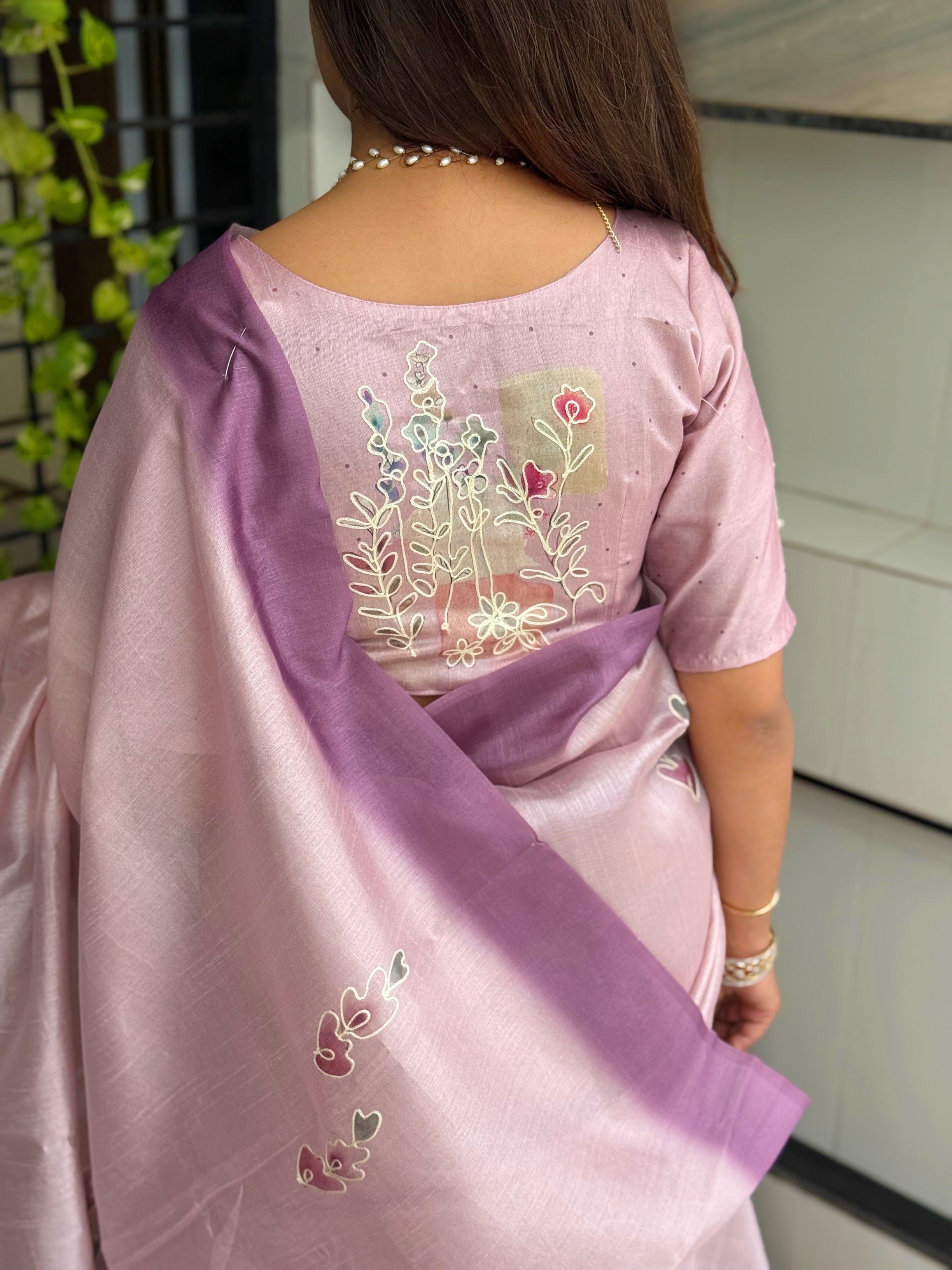Light Purole linen cotton katha work Saree With Unstitched Blouse For Women