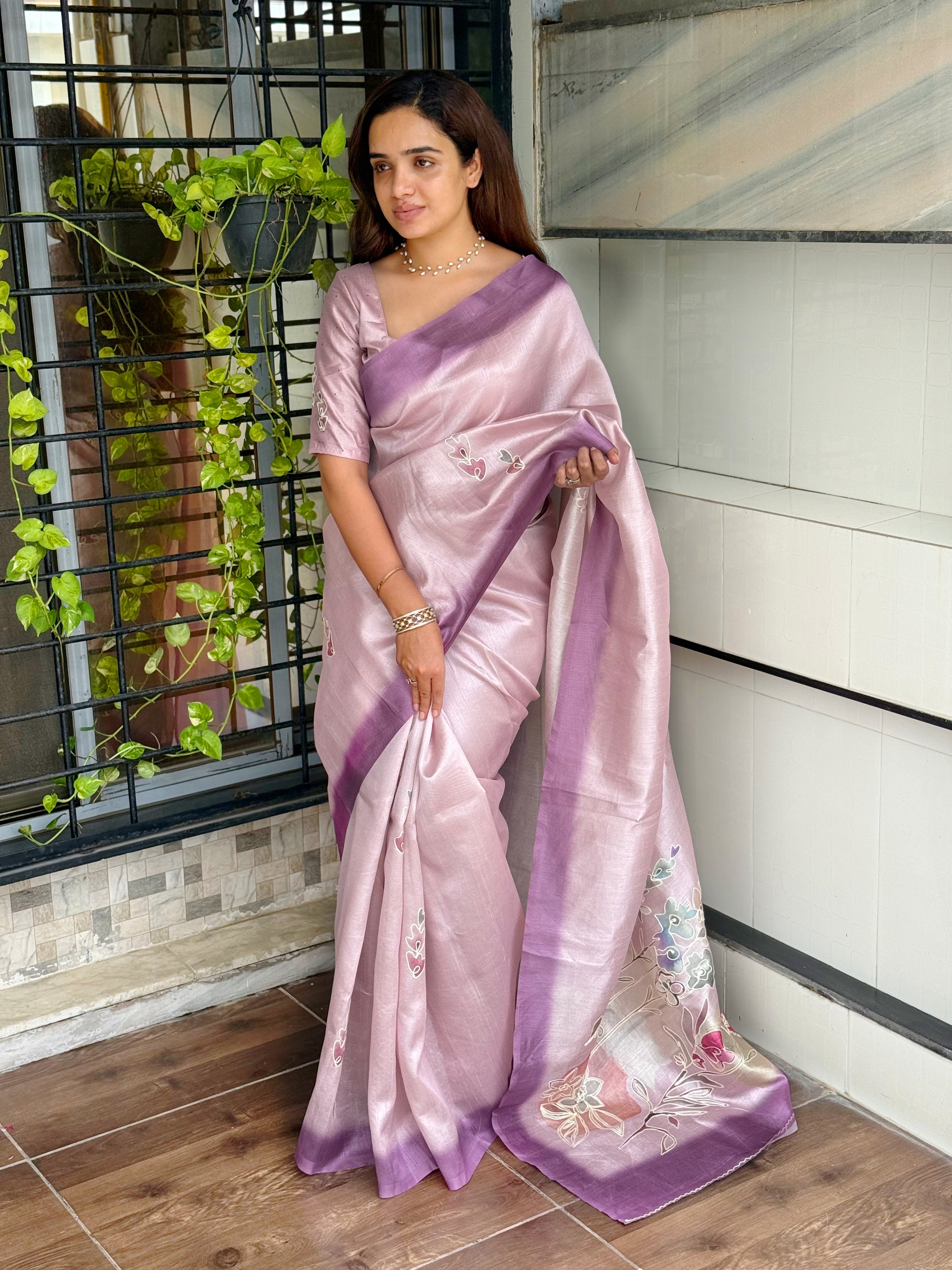 Light Purole linen cotton katha work Saree With Unstitched Blouse For Women
