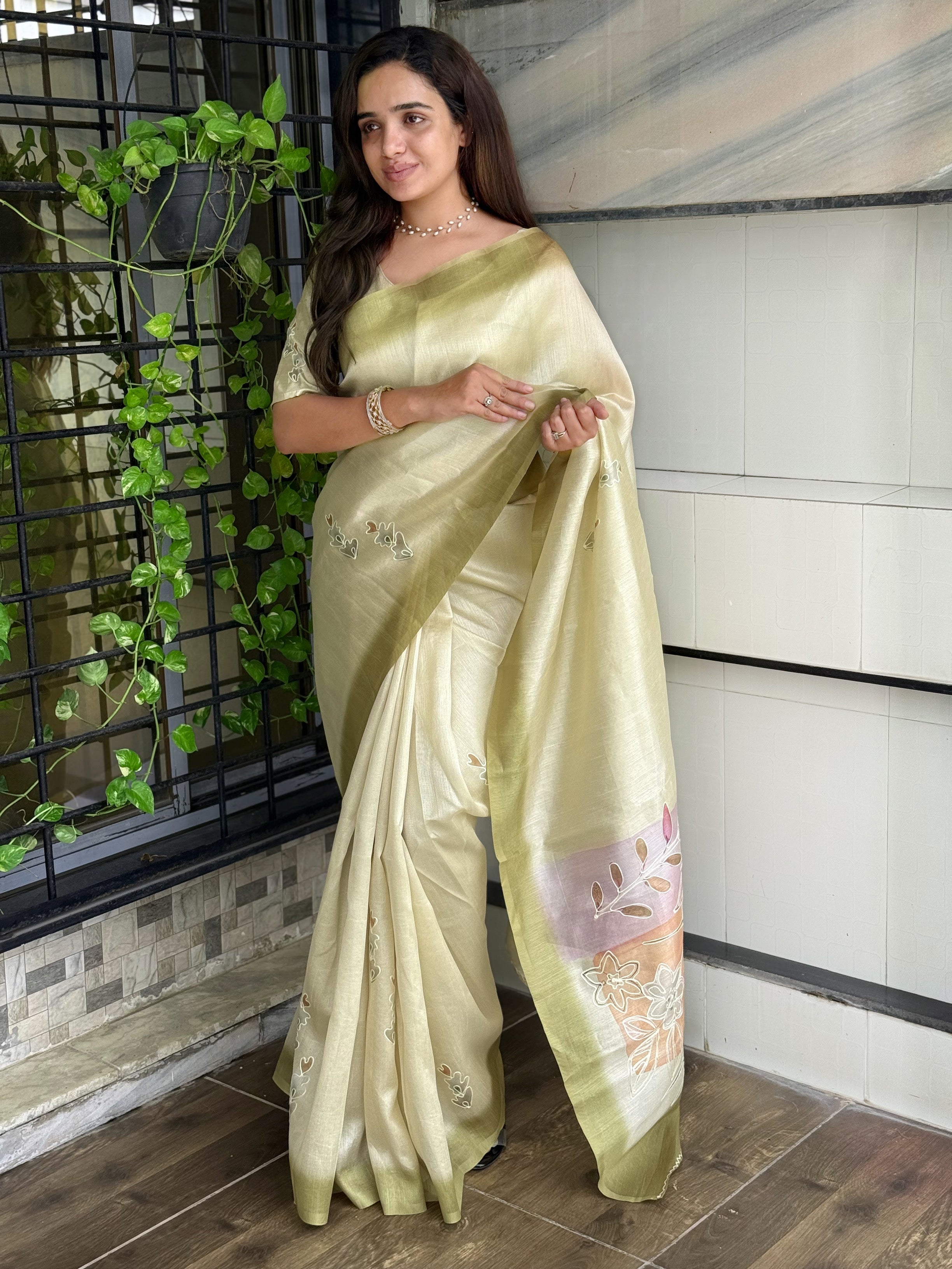 Yellow linen cotton katha work Saree With Unstitched Blouse For Women