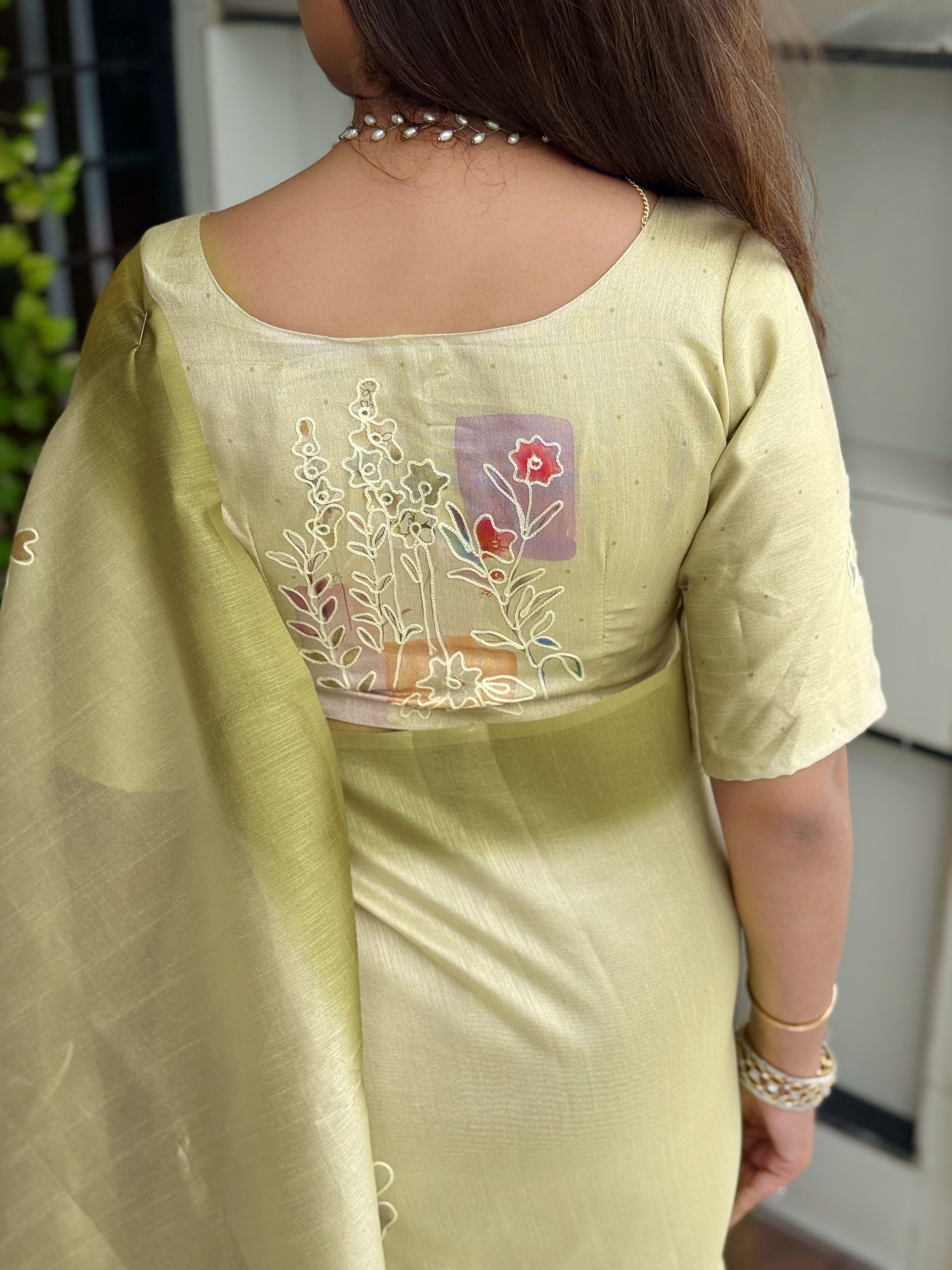 Yellow linen cotton katha work Saree With Unstitched Blouse For Women