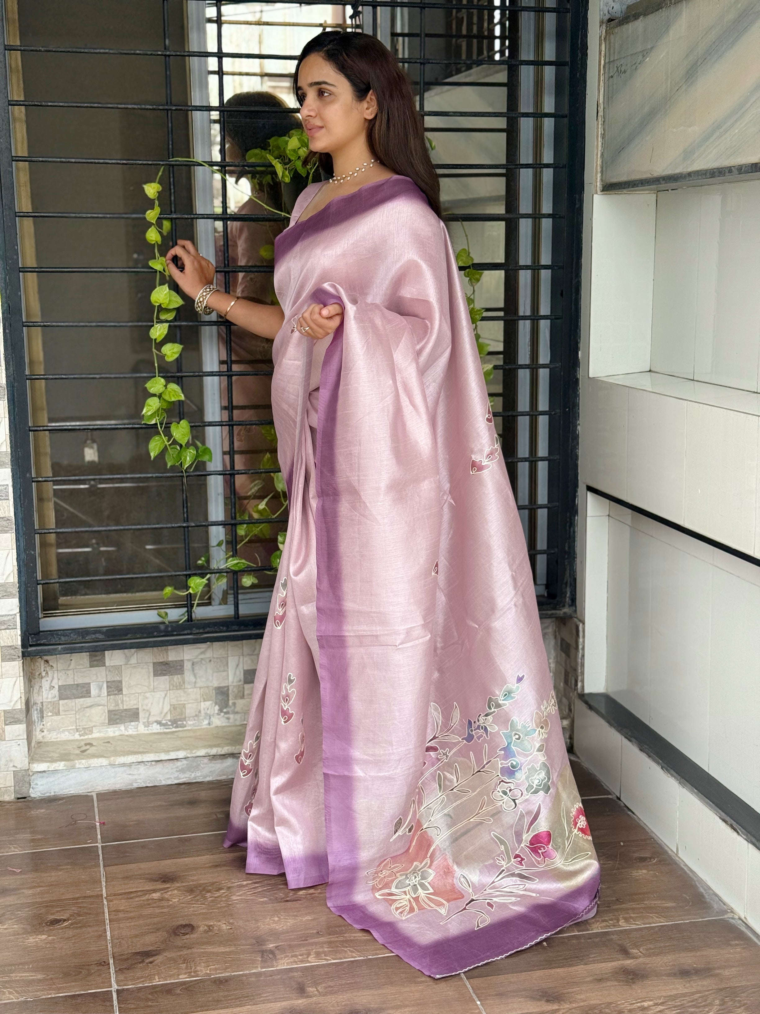Light Purole linen cotton katha work Saree With Unstitched Blouse For Women