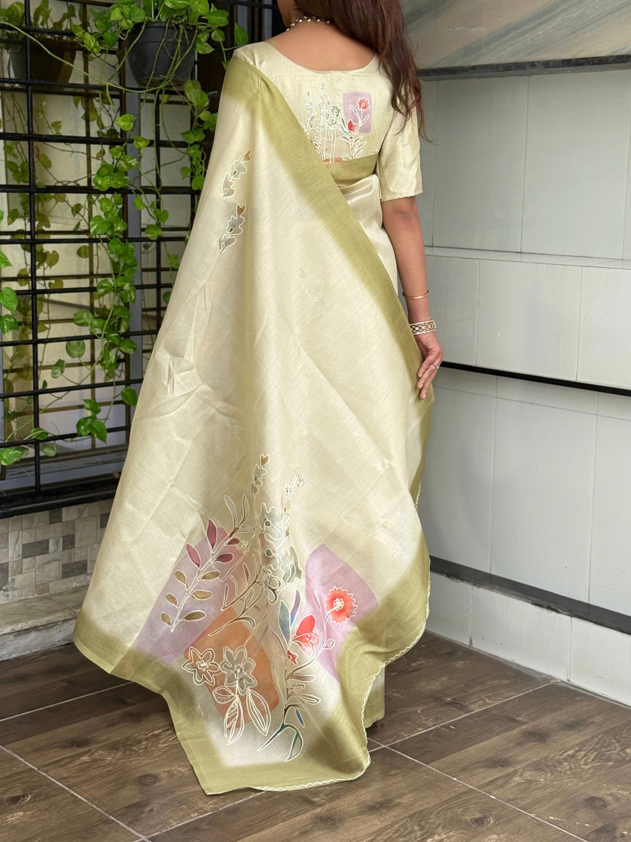 Yellow linen cotton katha work Saree With Unstitched Blouse For Women